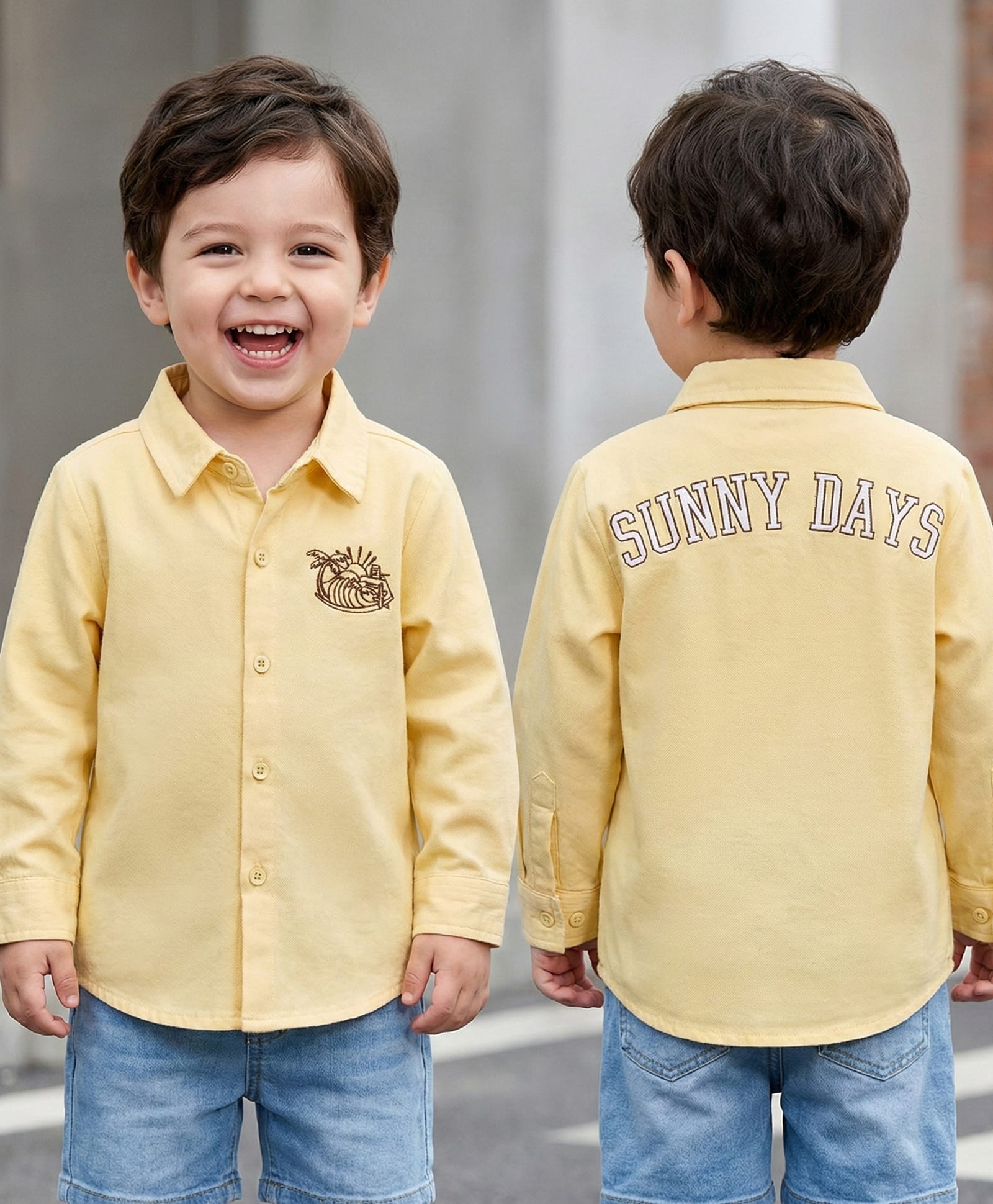 Babyoye 100% Cotton Twill Woven Full Sleeves Solid Dyed Shirt With Beach Theme Embroidery & Print - Yellow-picture-17