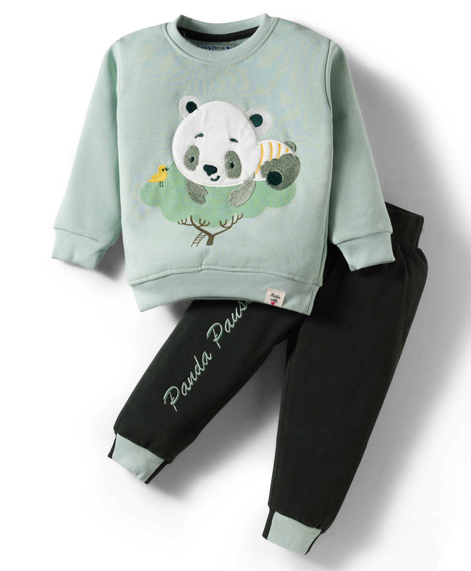 Little Darlings Fleece Knit Full Sleeves Winter Wear T-Shirt & Lounge Pant Set with Panda Embroidery - Light Green-image-40