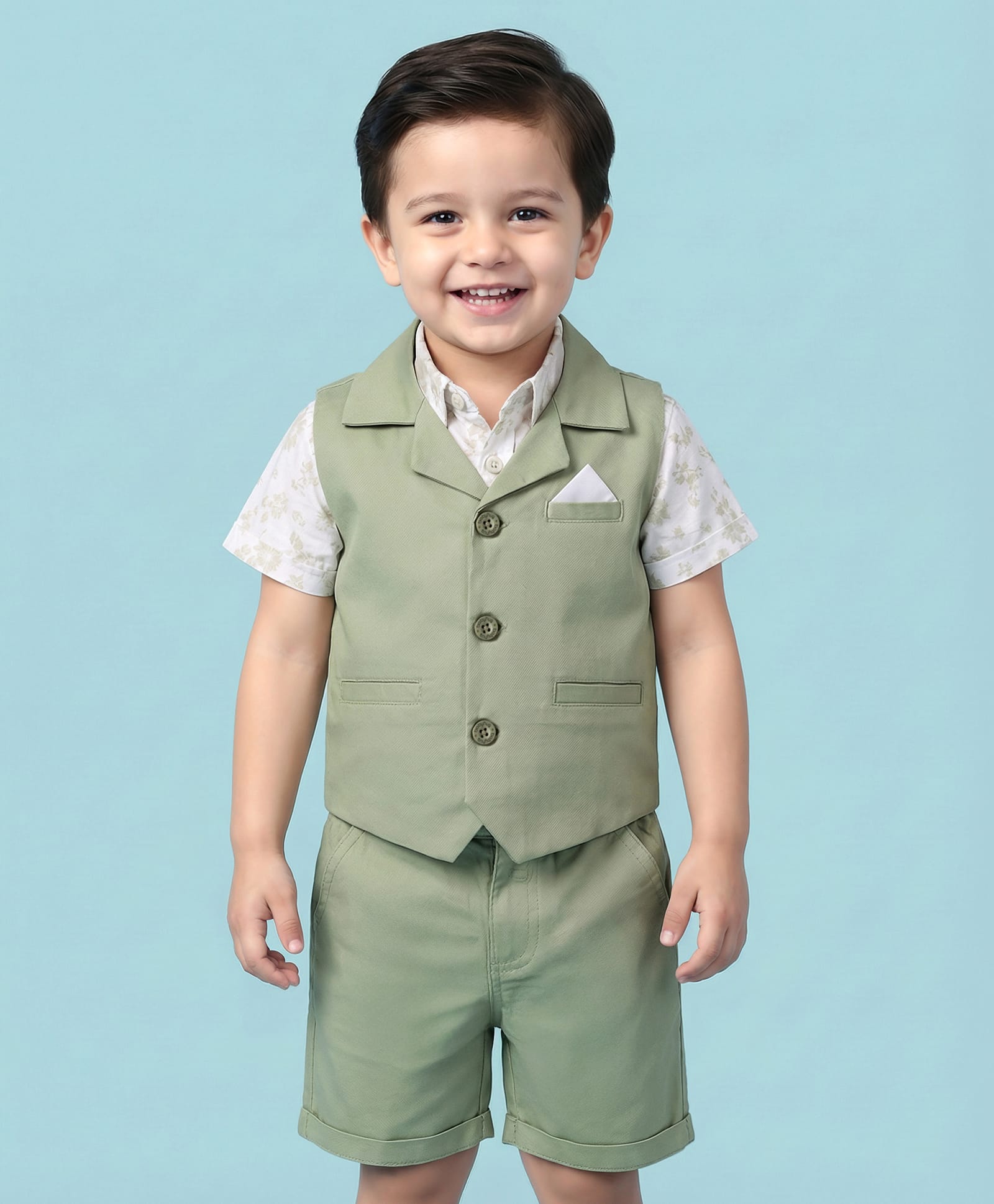 Babyhug Cotton Woven Half Sleeves Floral Printed Shirt & Shorts Set with Jacket - Light Green-image-31