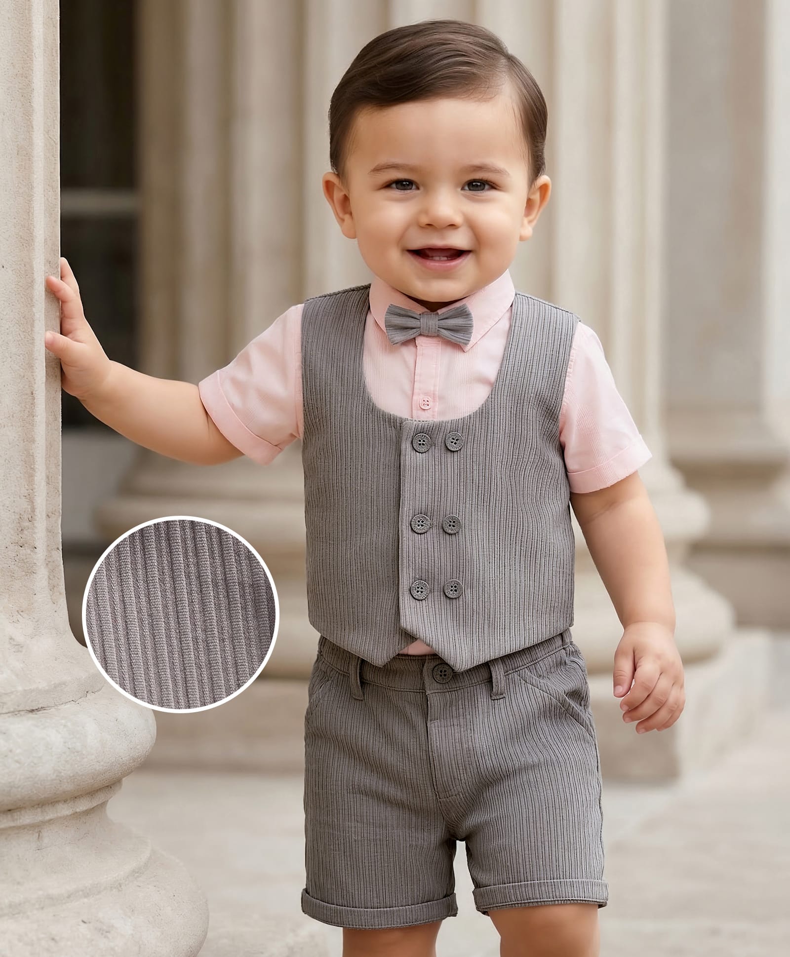 Babyhug Cotton Woven Half Sleeves Solid Color Shirt & Shorts Set with Waistcoat & Bow - Grey & Pink-image-6