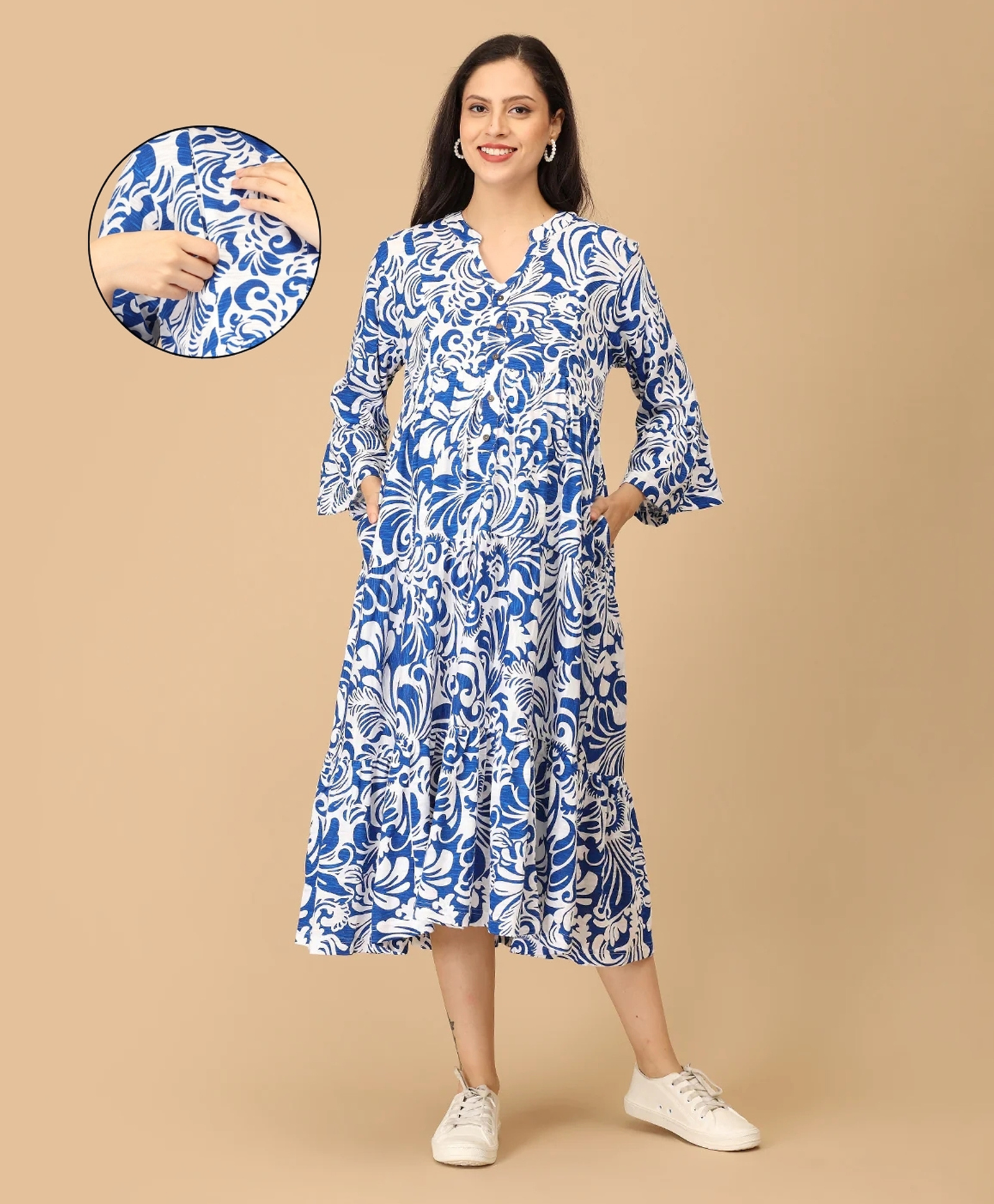 The Mom Store Cotton Knit Three Fourth Bell Sleeves Floral Printed Maternity Dress With Side Zipper Nursing Access - Multi Colour-image-45