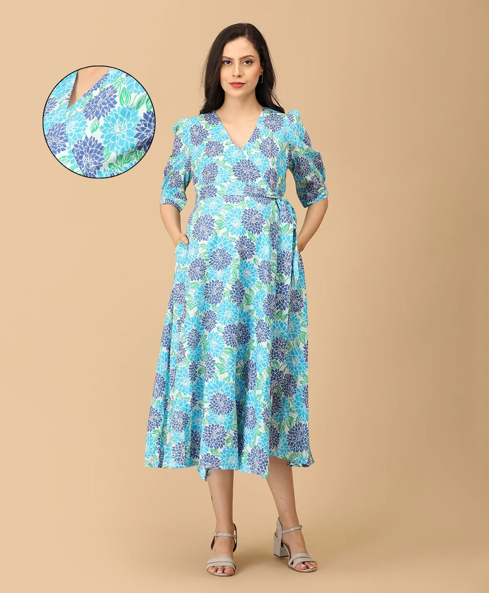 The Mom Store Cotton Knit Half Puffed Sleeves Floral Printed Maternity Dress With Overlap Nursing Access - Multi Colour-image-44