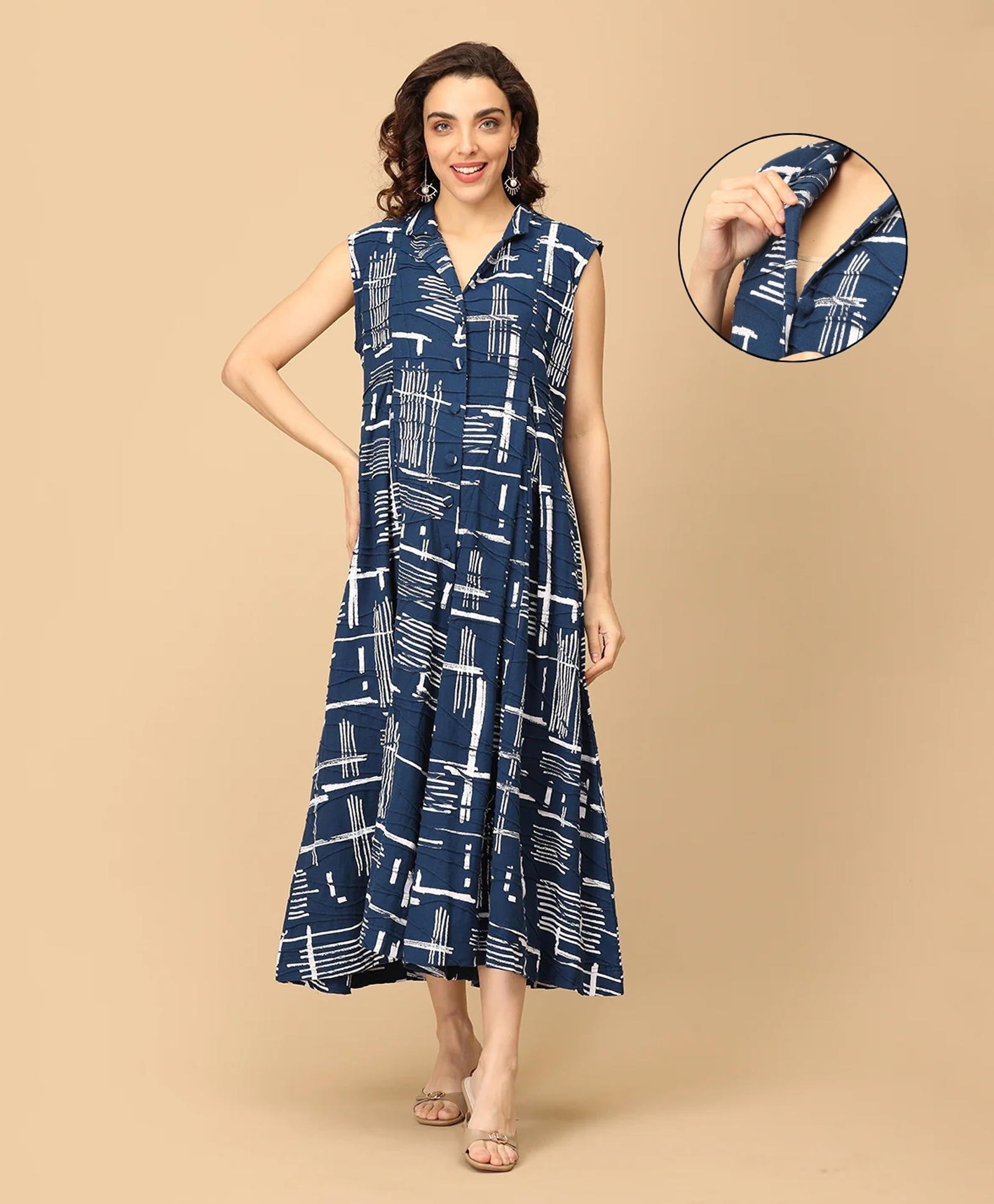 The Mom Store Cotton Knit Sleeveless Abstract Printed Maternity Jumpsuit With Centre Front Access - Multi Colour-image-43