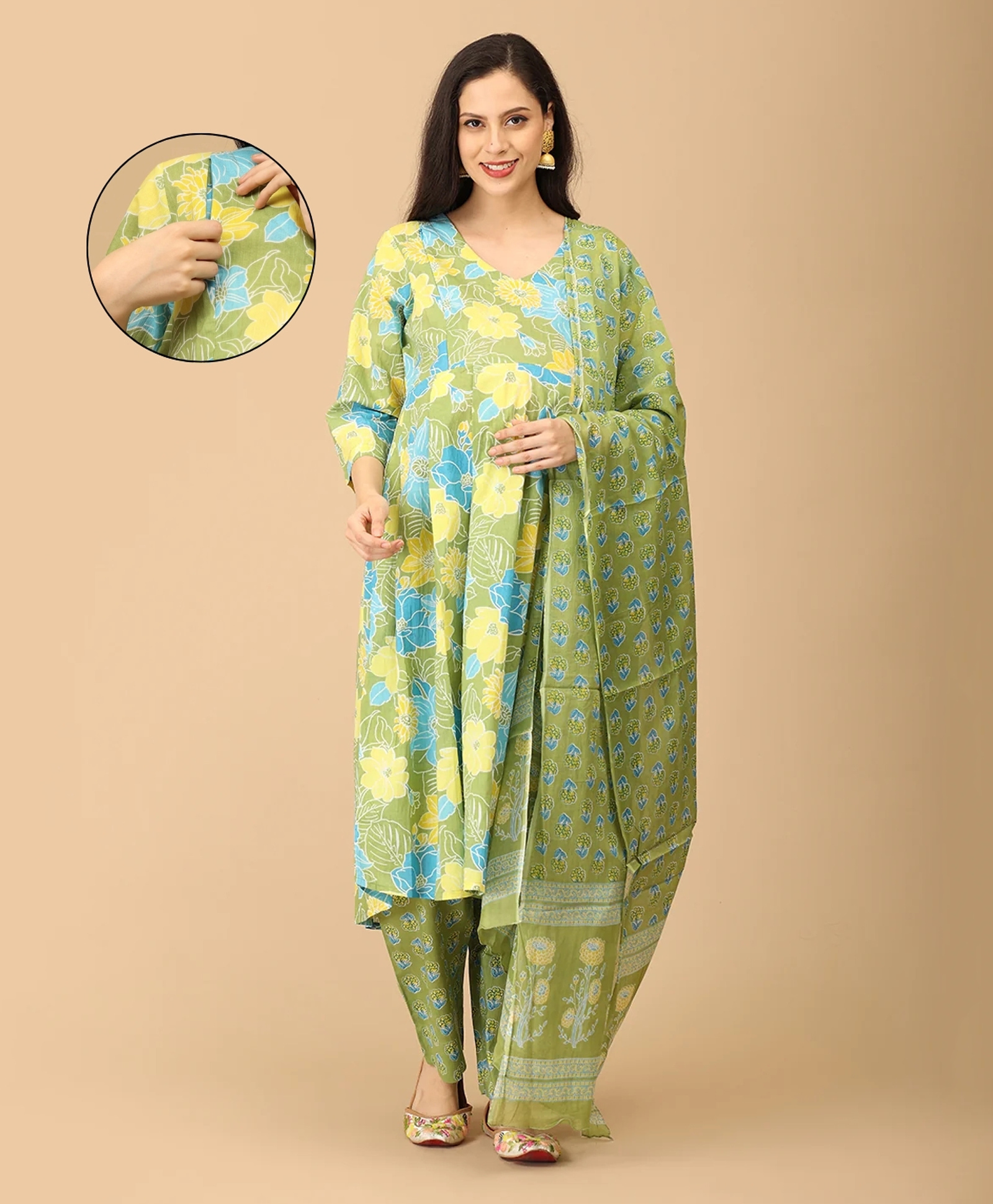 The Mom Store Cotton Knit Three Fourth Sleeves Floral Printed Maternity & Side Zipper Nursing Access Kurta With Pant & Dupatta Set - Multi Colour-image-21