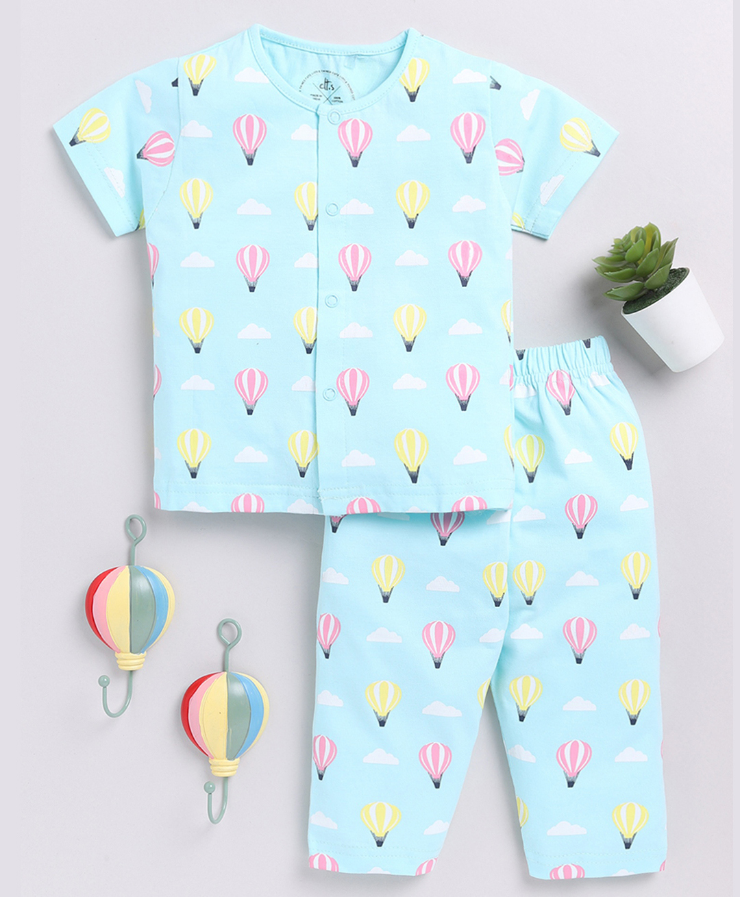 Clt.s Cotton Knit Half Sleeves Hot Ballons Printed Coordinating Night Suit Set - Blue-image-42