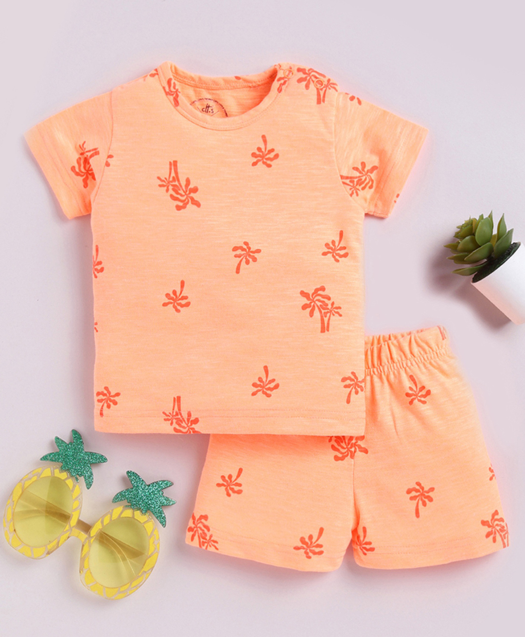 Clt.s Cotton Knit Half Sleeves Trees Printed Coordinating Tee & Shorts Night Suit Set - Orange-image-47
