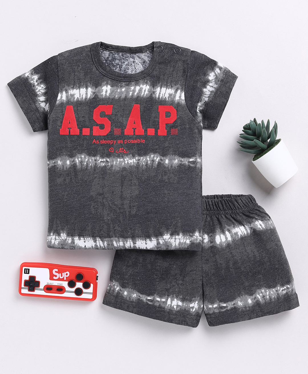 Clt.s Cotton Knit Half Sleeves Tie Dye & ASAP Text Printed Coordinating Tee & Shorts Night Suit Set - Black-image-42