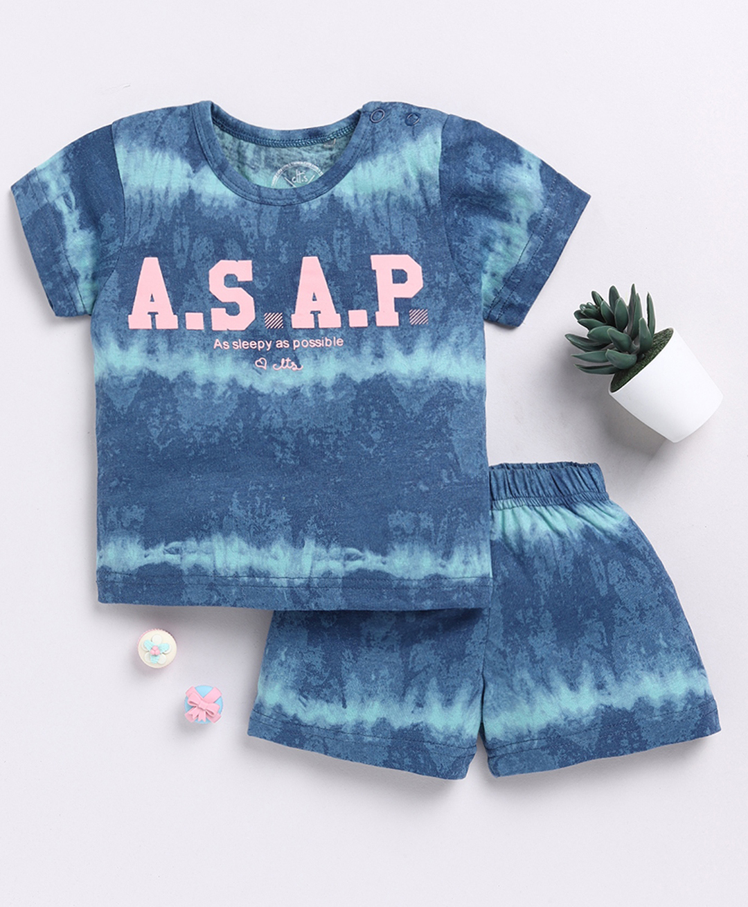 Clt.s Cotton Knit Half Sleeves Tie Dye & ASAP Text Printed Coordinating Tee & Shorts Night Suit Set - Blue-image-44