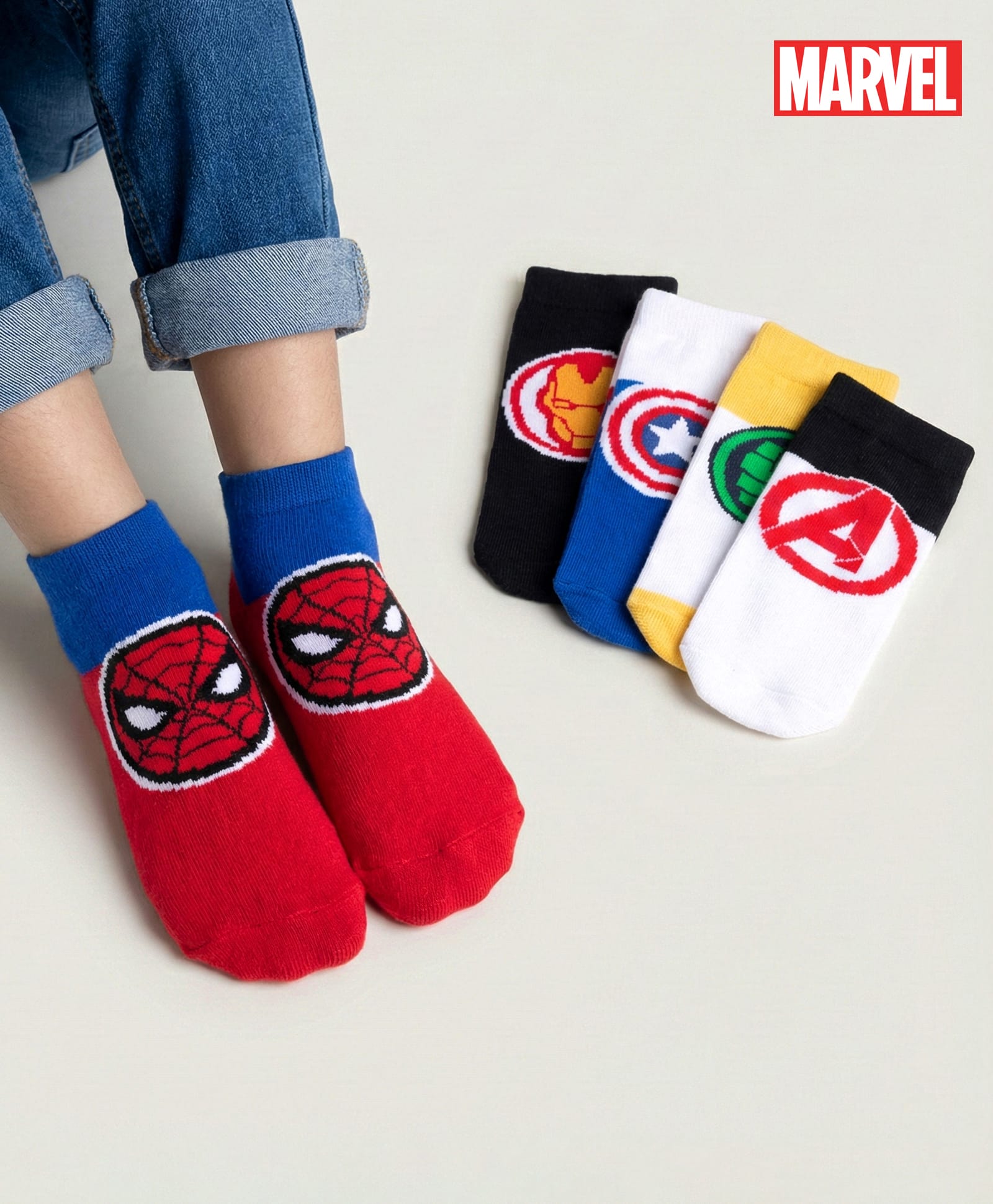 Pine Kids Marvel Knit Ankle Length Antibacterial Socks with Avengers Graphic Pack of 5 - White Yellow & B Lue