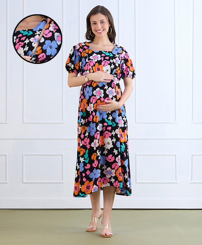 MomToBe Rayon Woven Half Puffed Sleeves Floral Printed Maternity Dress With Side Zipper Nursing Access - Multi Colour-picture-8