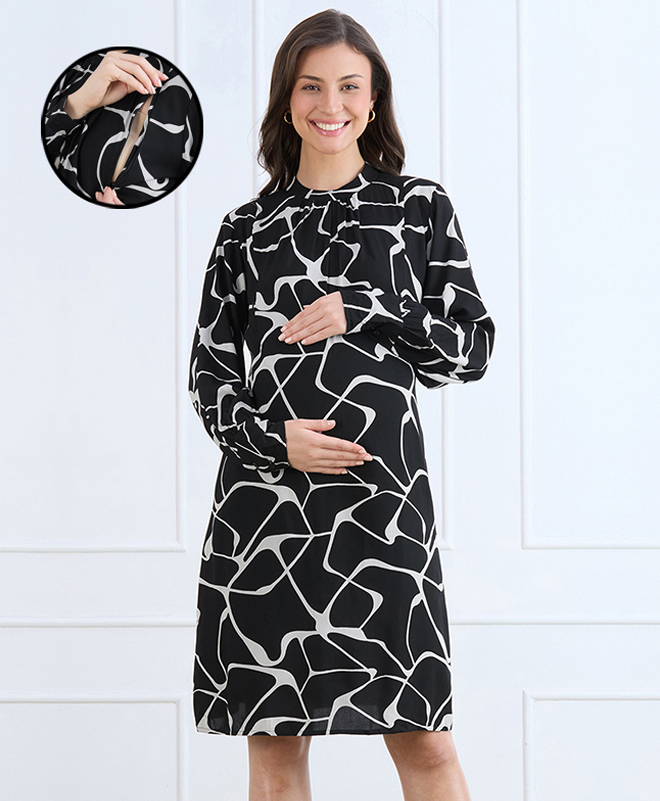 MomToBe Rayon Woven Full Sleeves Abstract Printed Maternity Dress With Side Zipper Nursing Access - White & Black-picture-31