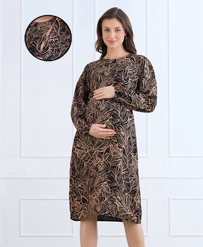 MomToBe Rayon Woven Full Sleeves Leaves Printed Maternity Dress With Side Zipper Nursing Access - Beige-picture-43