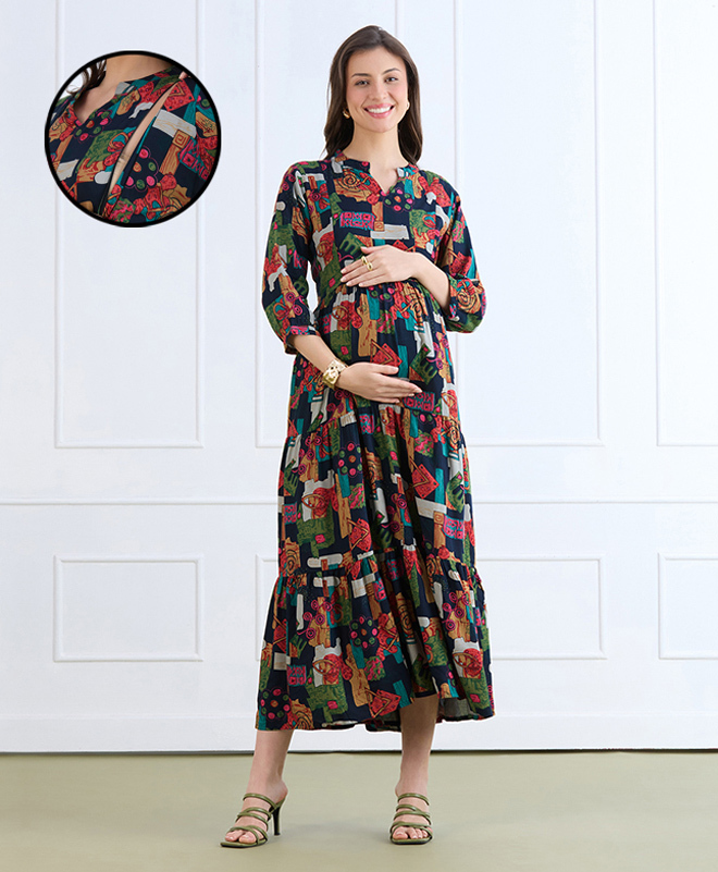 MomToBe Rayon Woven Three Fourth Sleeves Abstract Printed Maternity Dress With Side Zipper Nursing Access - Multi Colour-image-18