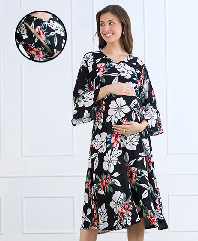 MomToBe Rayon Woven Three Fourth Bell Sleeves Floral Printed Maternity Dress With Side Zipper Nursing Access - Multi Colour-image-34