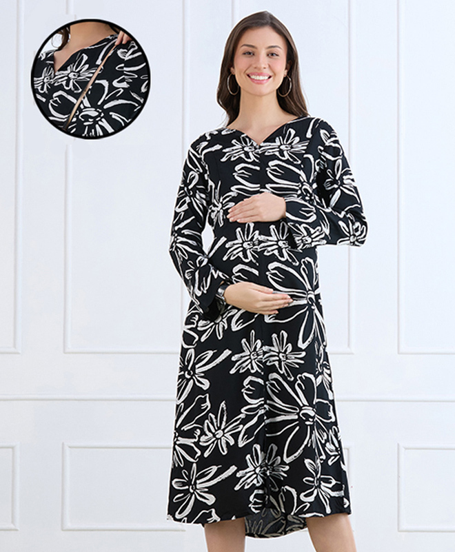 MomToBe Rayon Woven Full Sleeves Floral Printed Maternity Dress With Side Zipper Nursing Access - White & Black-picture-27