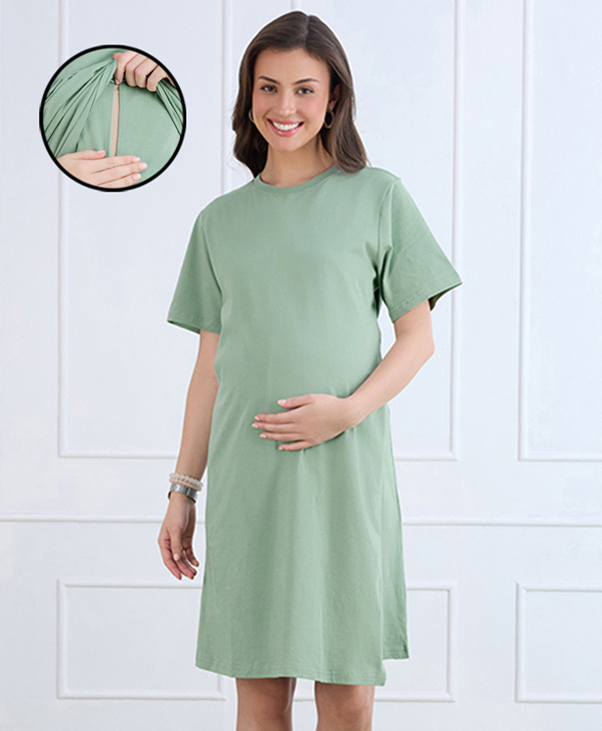 MomToBe Cotton Blend Knit Half Sleeves Solid Maternity Dress With Front Open Nursing Access - Pistachio-image-48