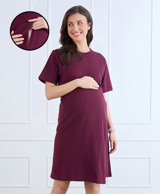 MomToBe Cotton Blend Knit Half Sleeves Solid Maternity Dress With Front Open Nursing Access - Mulberry-image-49