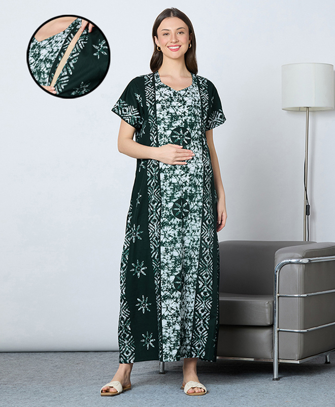 MomToBe Cotton Blend Half Sleeves Floral Printed & Tie Dye Maternity Nighty With Side Seem Nursing Access - Sacramento Green-picture-9