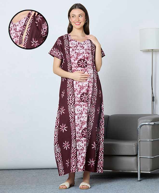 MomToBe Cotton Blend Half Sleeves Floral Printed & Tie Dye Maternity Nighty With Side Seem Nursing Access - Claret Wine-picture-11