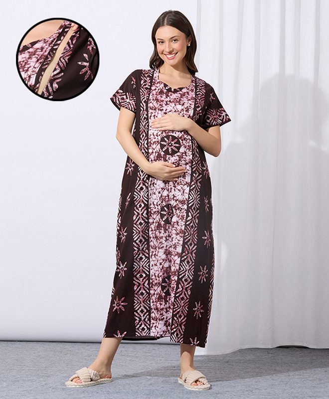 MomToBe Cotton Blend Half Sleeves Floral Printed & Tie Dye Maternity Nighty With Side Seem Nursing Access - Coffee Brown-picture-8