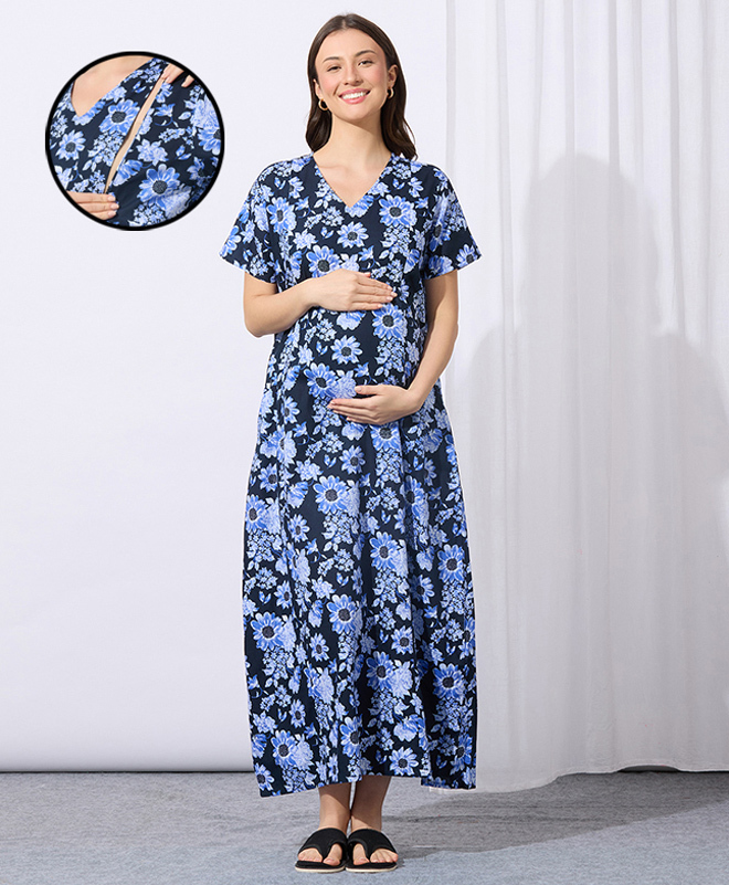 MomToBe Cotton Blend Half Sleeves Floral Printed Maternity Nighty With Side Seem Nursing Access - Navy Blue-picture-11