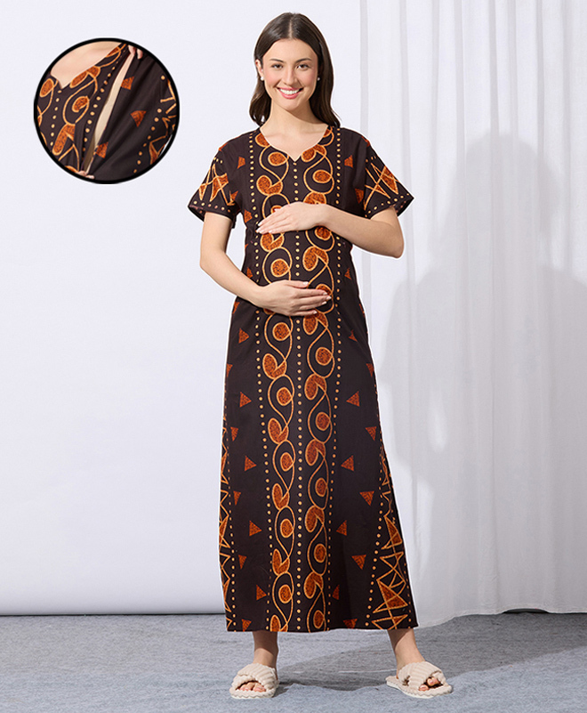 MomToBe Cotton Blend Half Sleeves Abstract Printed Maternity Nighty With Side Seem Nursing Access - Chocolate-picture-24
