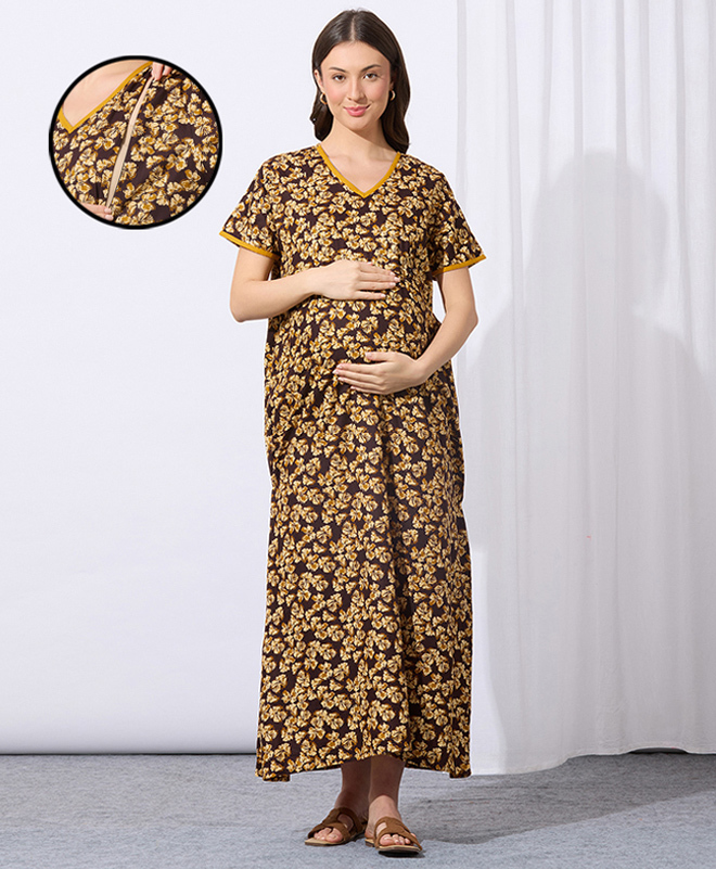 MomToBe Cotton Blend Half Sleeves Floral Printed Maternity Nighty With Side Seem Nursing Access - Chestnut Brown-picture-5