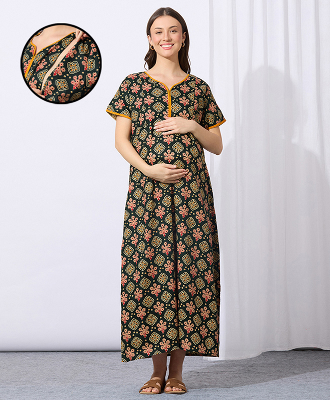 MomToBe Cotton Blend Half Sleeves Floral Printed Maternity Nighty With Side Seem Nursing Access - Castleton Green-picture-6