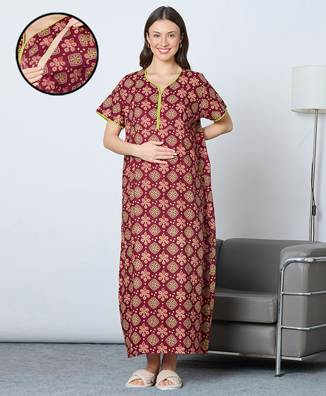 MomToBe Cotton Blend Half Sleeves Floral Printed Maternity Nighty With Side Seem Nursing Access - Claret Wine-picture-41