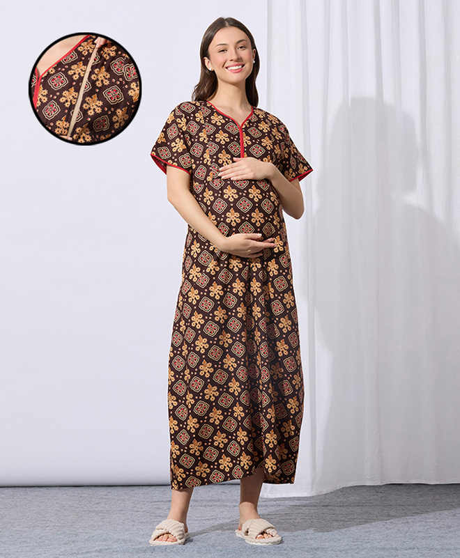 MomToBe Cotton Blend Half Sleeves Floral Printed Maternity Nighty With Side Seem Nursing Access - Chestnut Brown-picture-10