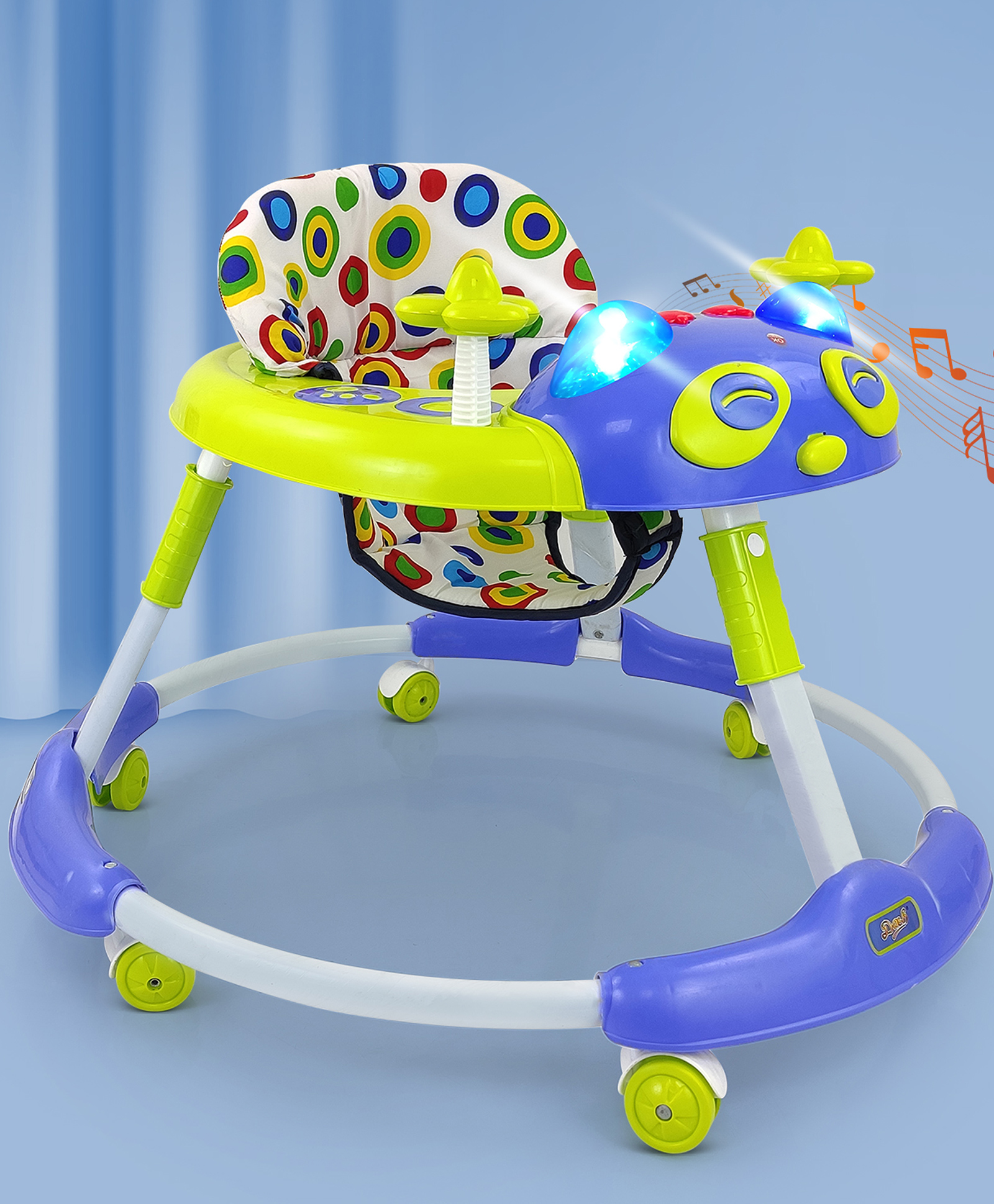 Dash Foldable Baby Walker with Music, Lights & 6 Multi-Directional Wheels | High Backrest, Cushioned Seat & Compact Design | Adjustable Height Baby Walker for 9 Months+ (Green & Blue)-image-2