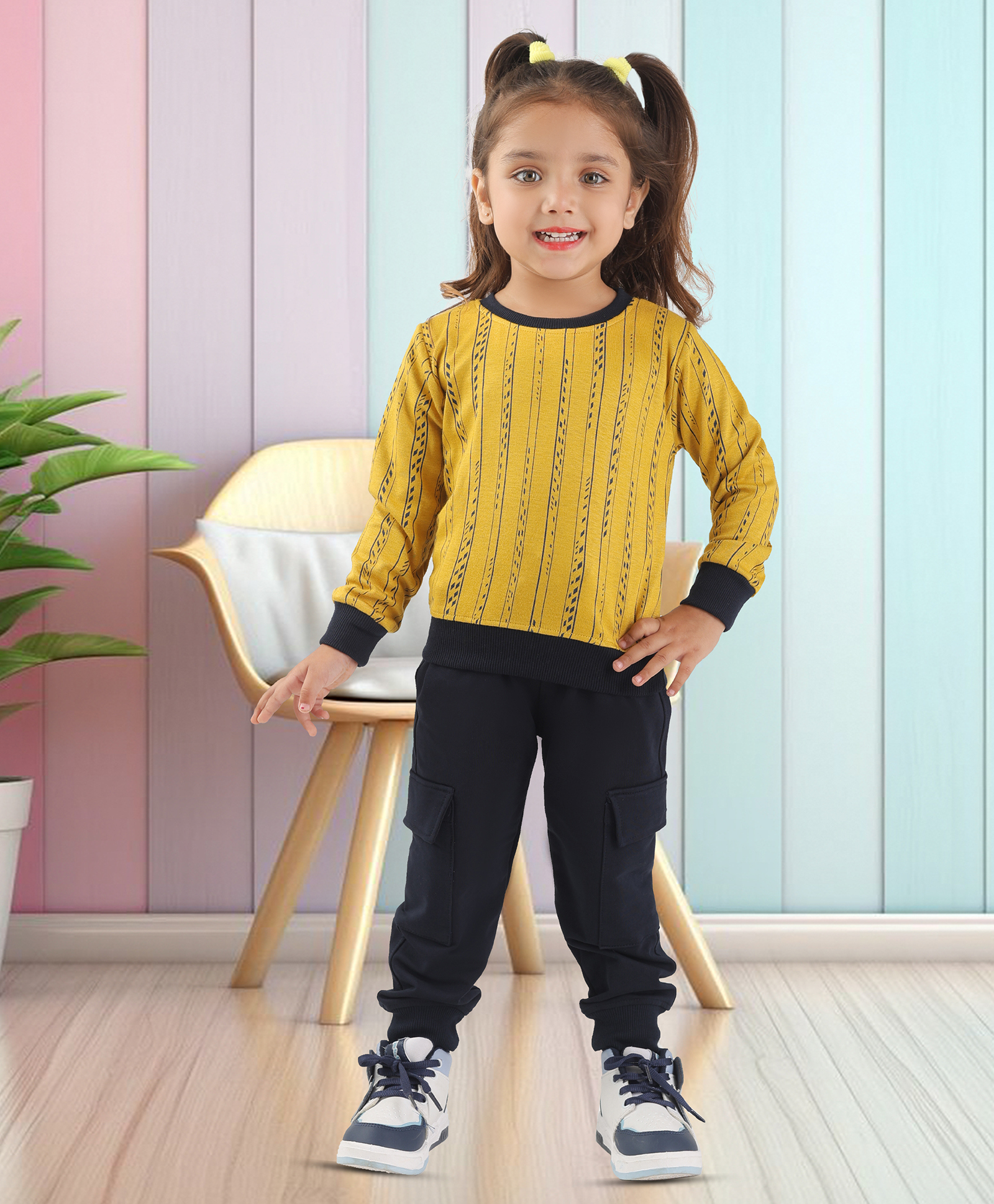 BABY CLOSET Cotton Knit Full Sleeves Striped Light Winter Sweatshirt & Joggers - Mustard & Blue-image-16