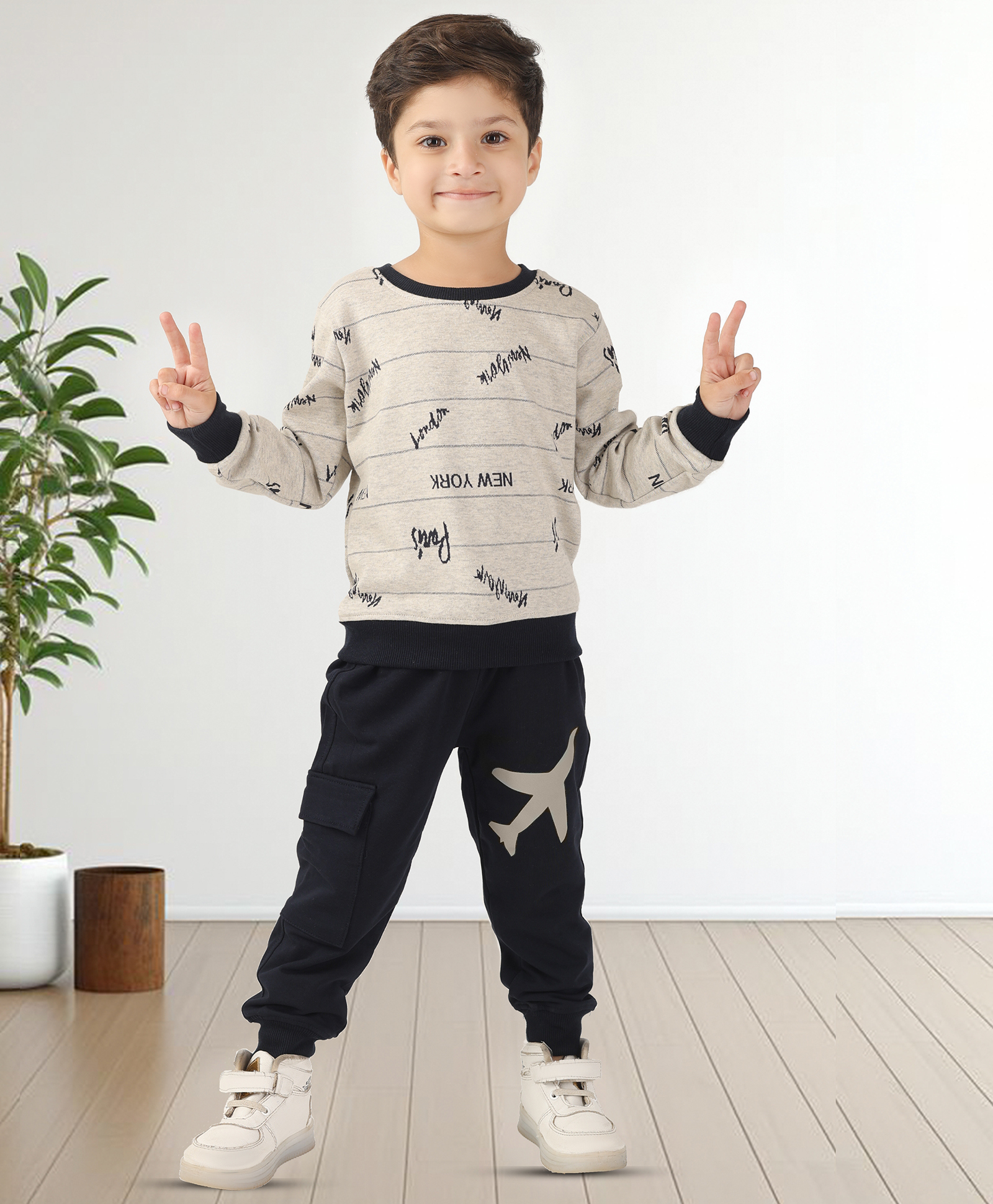 BABY CLOSET Cotton Knit Full Sleeves New York Text Printed Light Winter Sweatshirt & Joggers - Grey & Blue-image-4