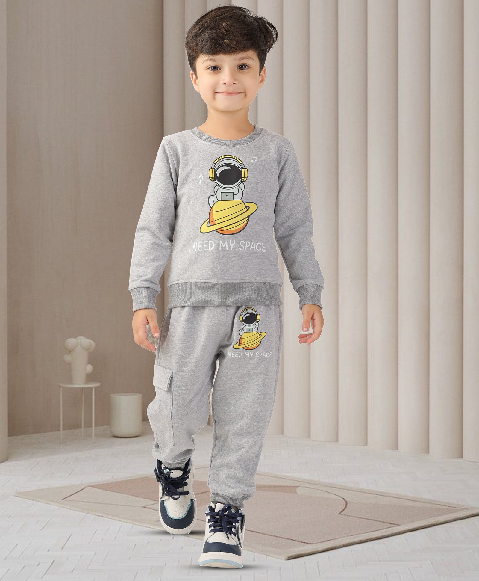 BABY CLOSET Cotton Knit Full Sleeves I Need My Space Text Printed Sweatshirt & Joggers - Grey-image-2