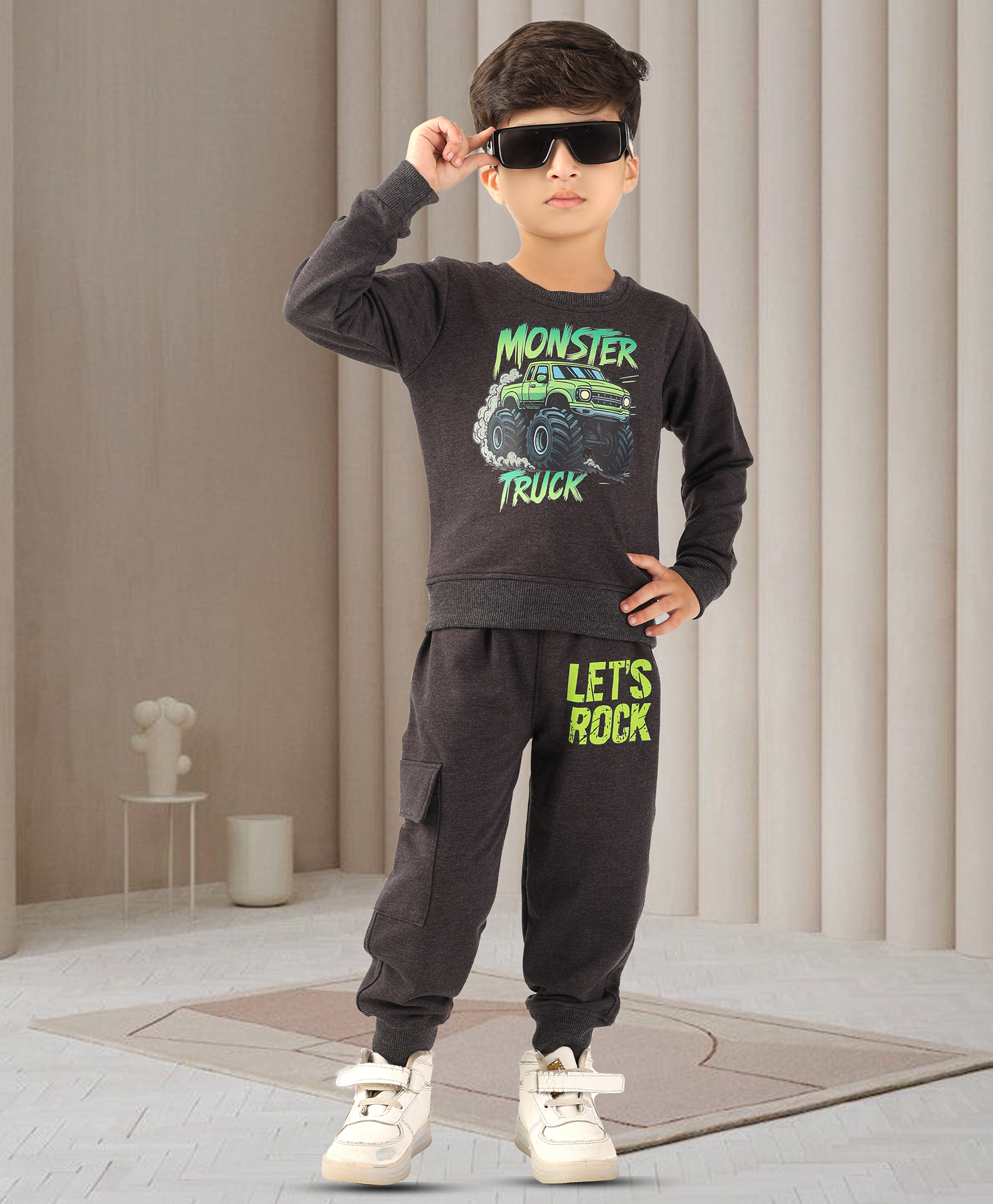 BABY CLOSET Cotton Knit Full Sleeves Monster Truck Printed Light Winter Sweatshirt & Joggers - Charcoal Grey-image-13