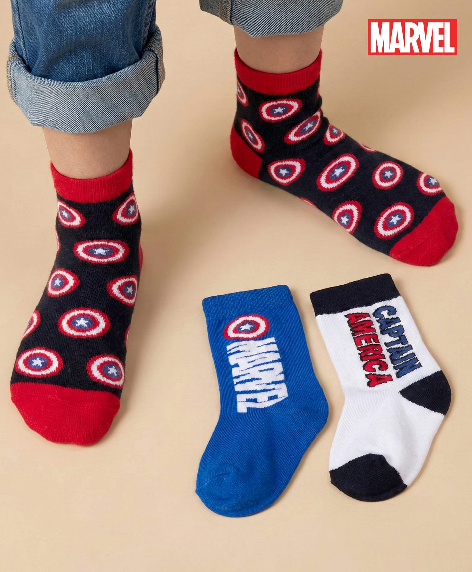 Pine Kids Marvel Knit Ankle Length Antibacterial Socks with Avengers Graphic Pack of 3 - Navy Blue White & Red-image-36