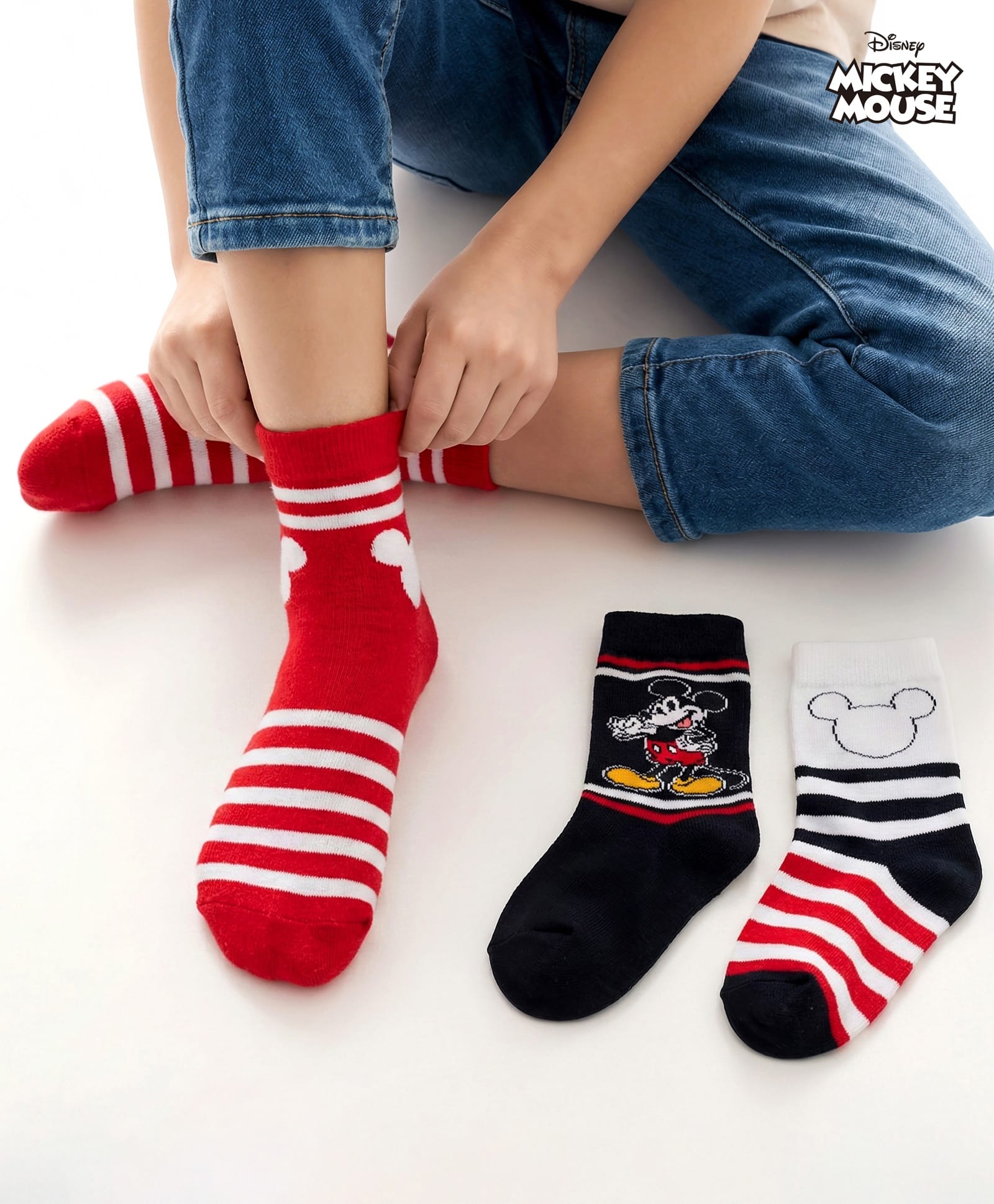 Pine Kids Disney Knit Ankle Length Anti-Bacterial Socks with Mickey Mouse Graphic Pack of 3 - Red & White