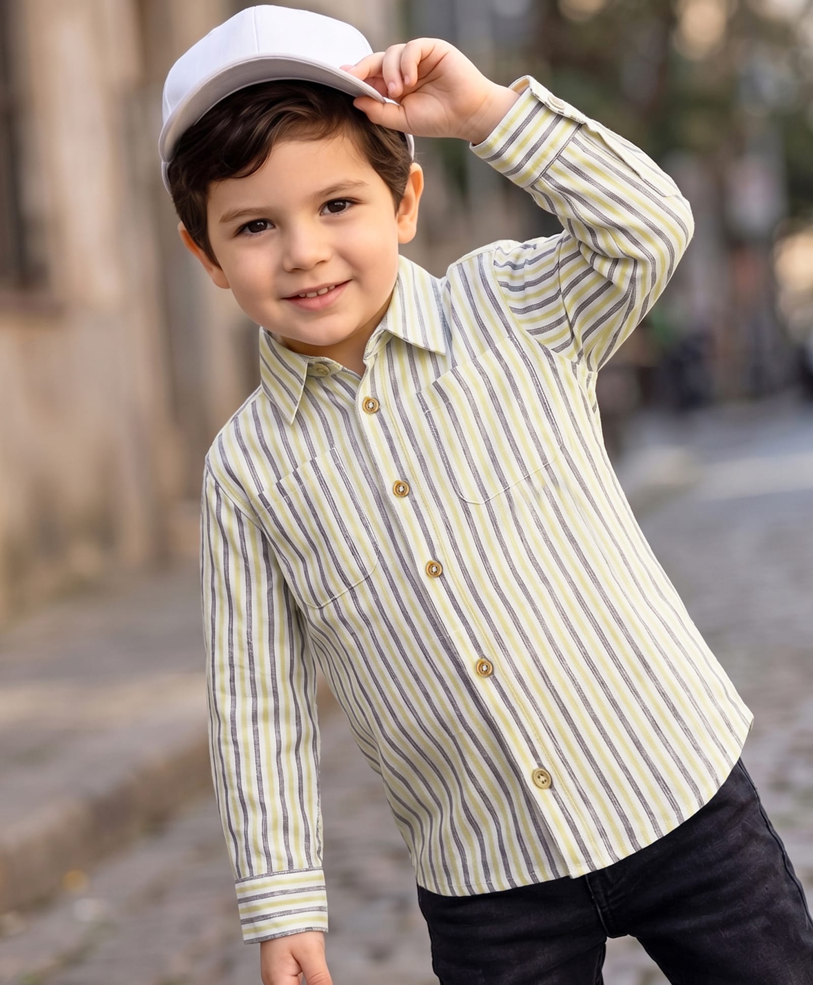 kookie kids india Kookie Kids Cotton Woven Full Sleeves Shirt with Vertical Stripes Print - Offwhite & Yellow-picture-22
