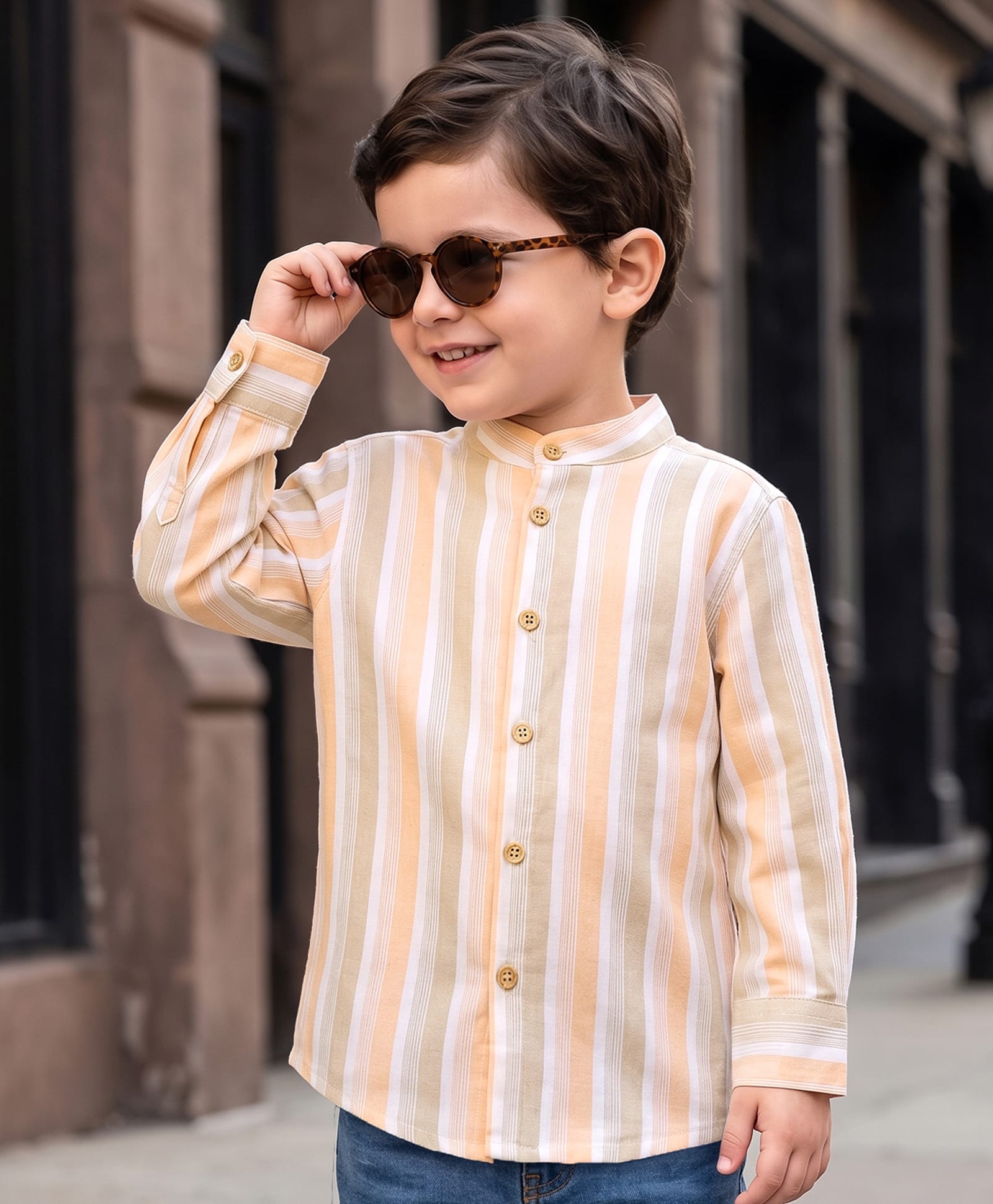 Kookie Kids India Cotton Woven Full Sleeves Mandarin Collar Kurta Style Shirt With Stripes - Off White-image-48