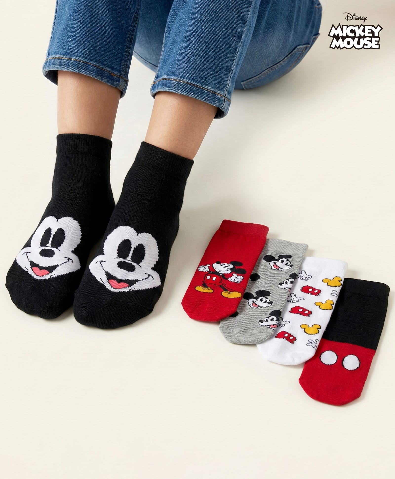 Pine Kids Disney Knit Ankle Length Antibacterial Socks with Mickey Mouse Graphic Pack of 5 - Grey Red & White-image-13
