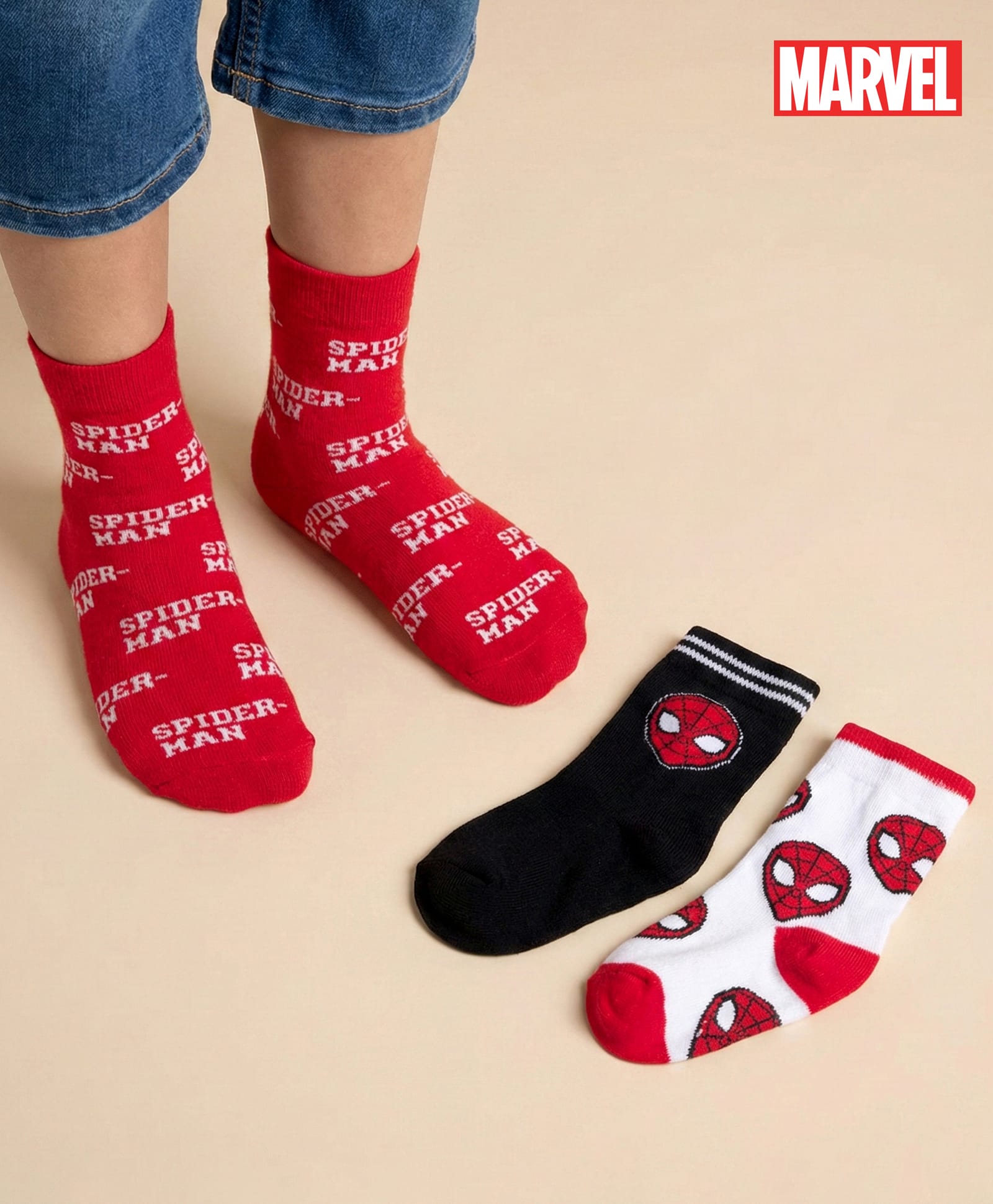 Pine Kids Marvel Knit Ankle Length Antibacterial Socks with Spider-Man Graphic Pack of 3 - Red Black & White-image-29