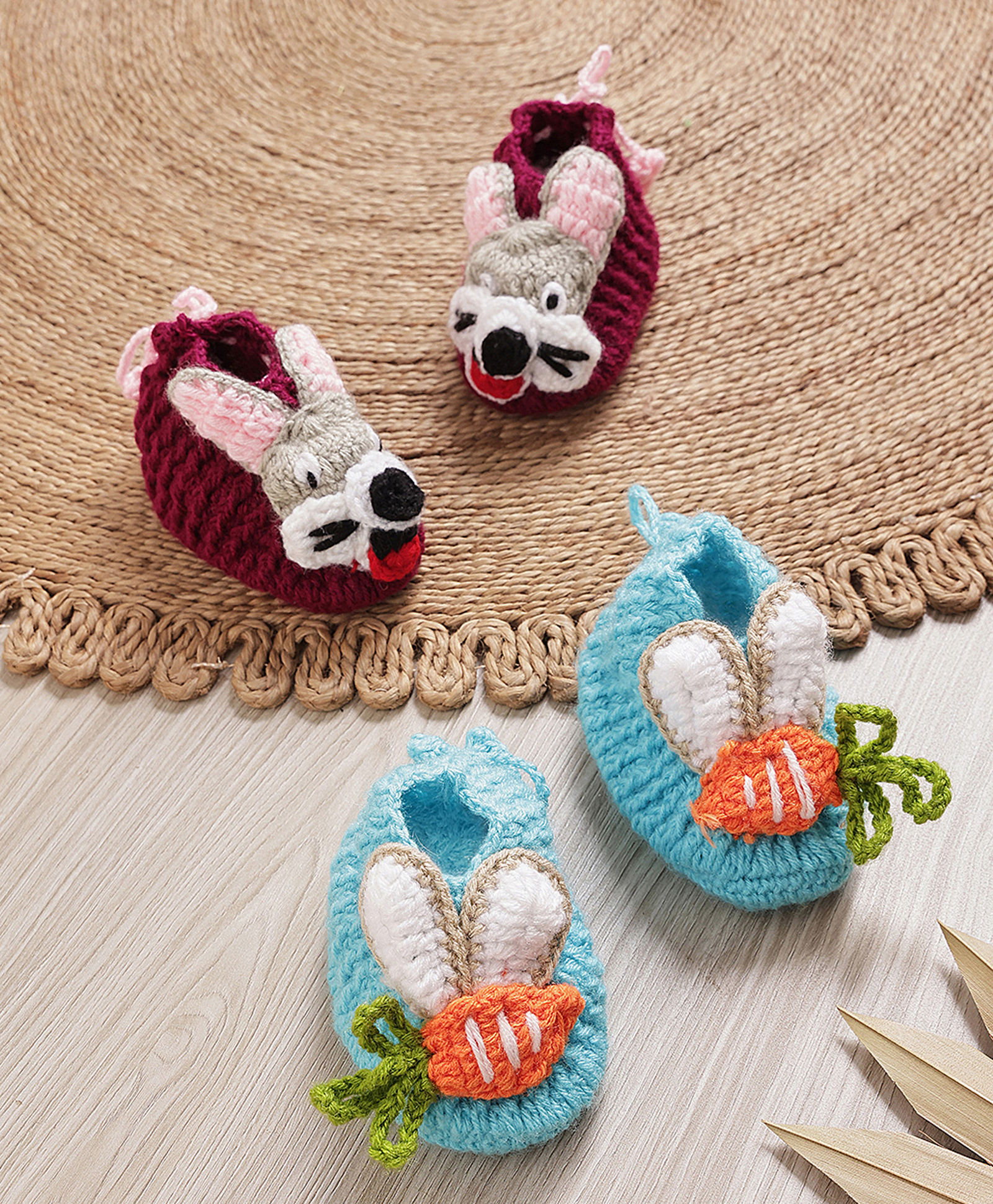 MayRa Knits Knit Set Of 2 Bunny & Carrot Applique Detailed Booties - Blue & Maroon-image-5