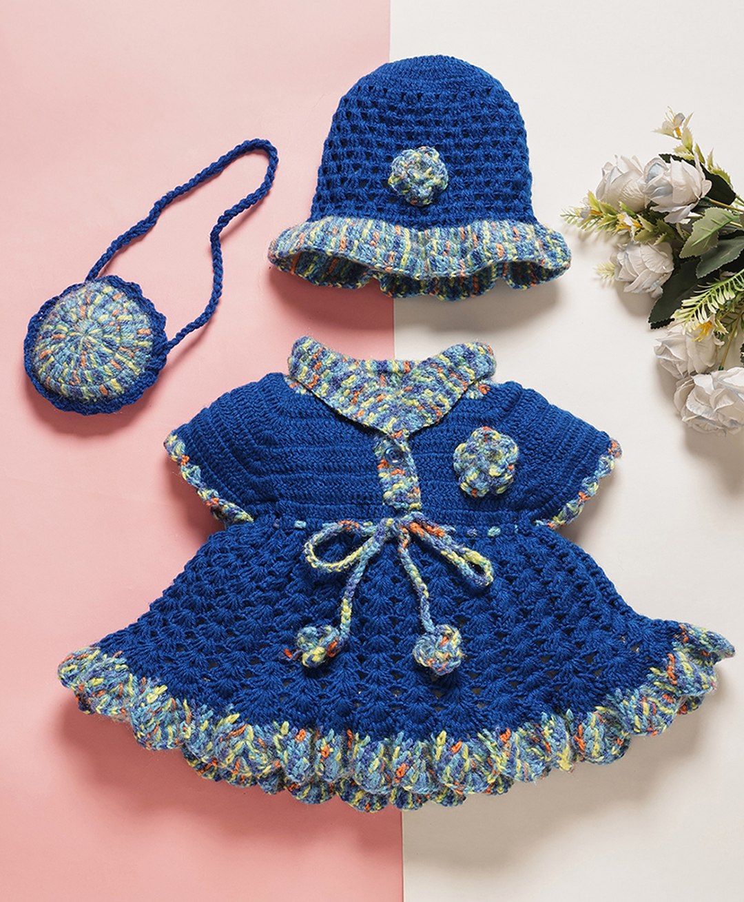 MayRa Knits Knitted Knit Half Sleeves Floral Applique Detailed Hand Knitted Dress & Cap With Purse Set - Blue-image-3