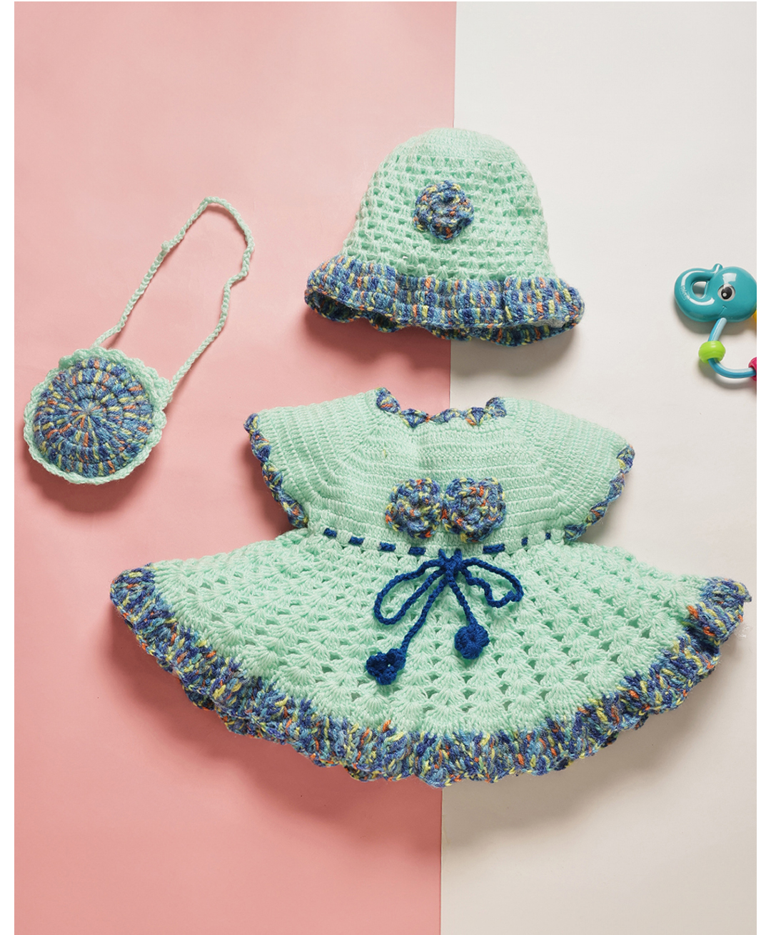 MayRa Knits Hand Knitted Knit Cap Sleeves Floral Crochet Designed Dress With Cap & Sling Bag - Green-image-36