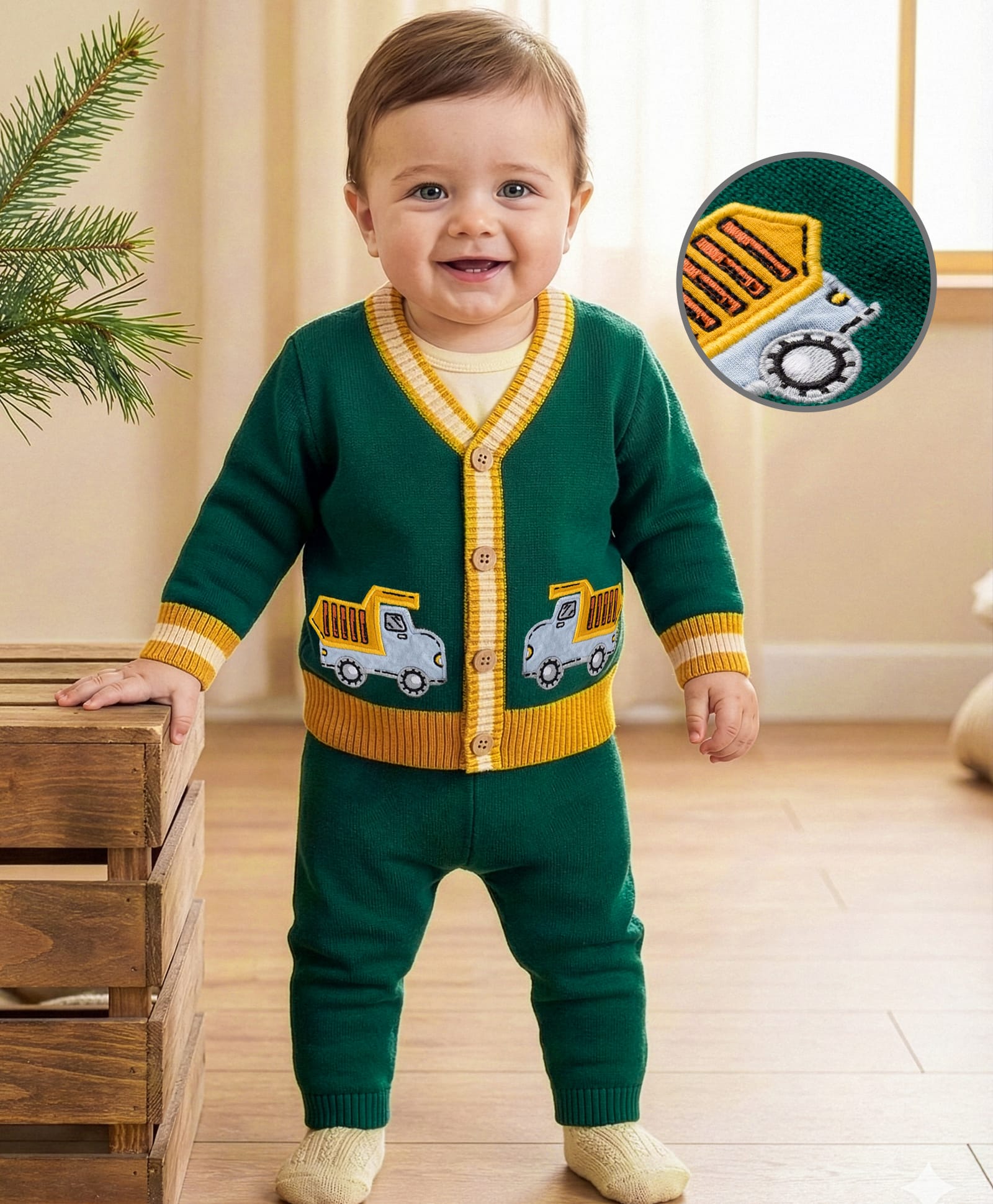 Babyoye Cotton Knitted Full Sleeves Sweater Set With Truck Embroidery - Green-image-37