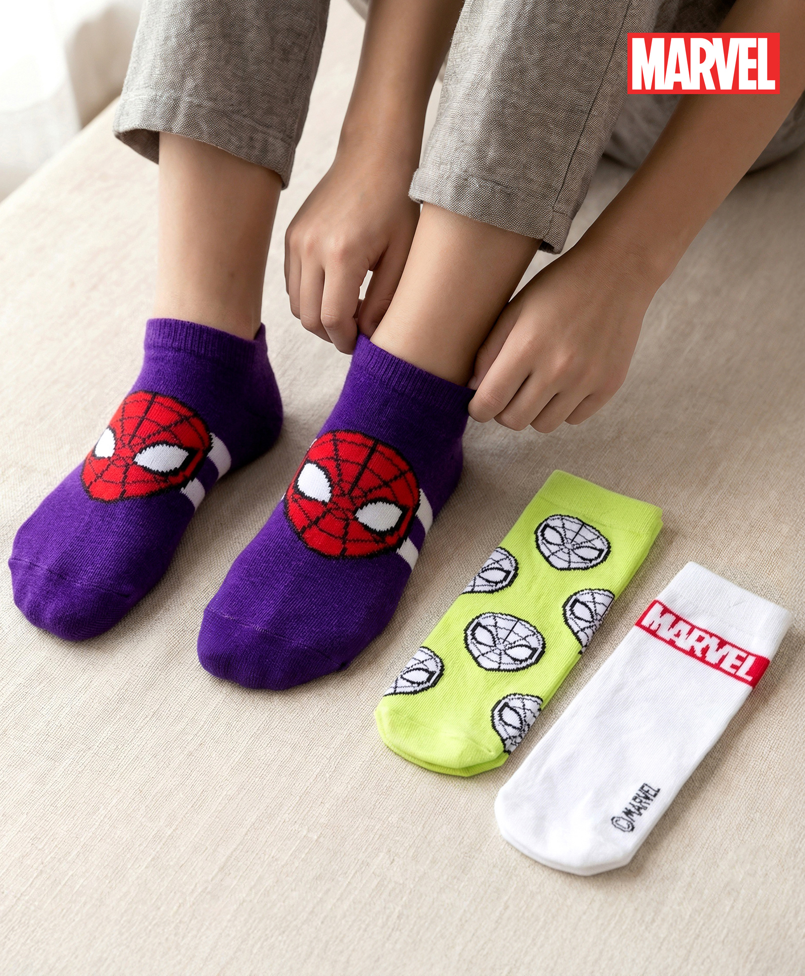 Pine Kids Marvel Knit Ankle Length Anti-Bacterial Socks with Avengers Graphic Pack of 3 - White & Purple-image-45