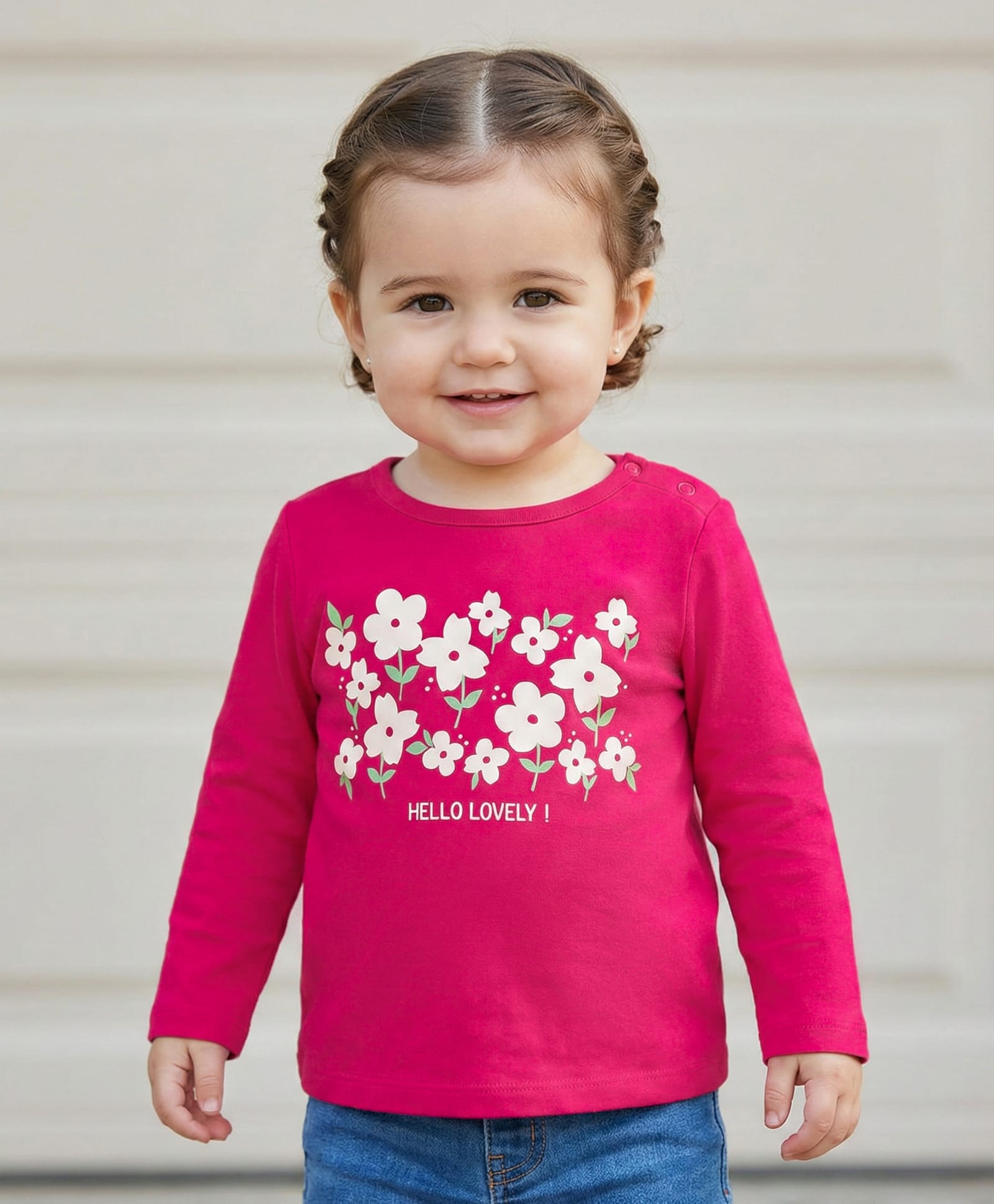 Babyoye 100% Cotton Solid Dyed Knit Full Sleeves T-Shirts with Floral Print - Dark Pink-image-26