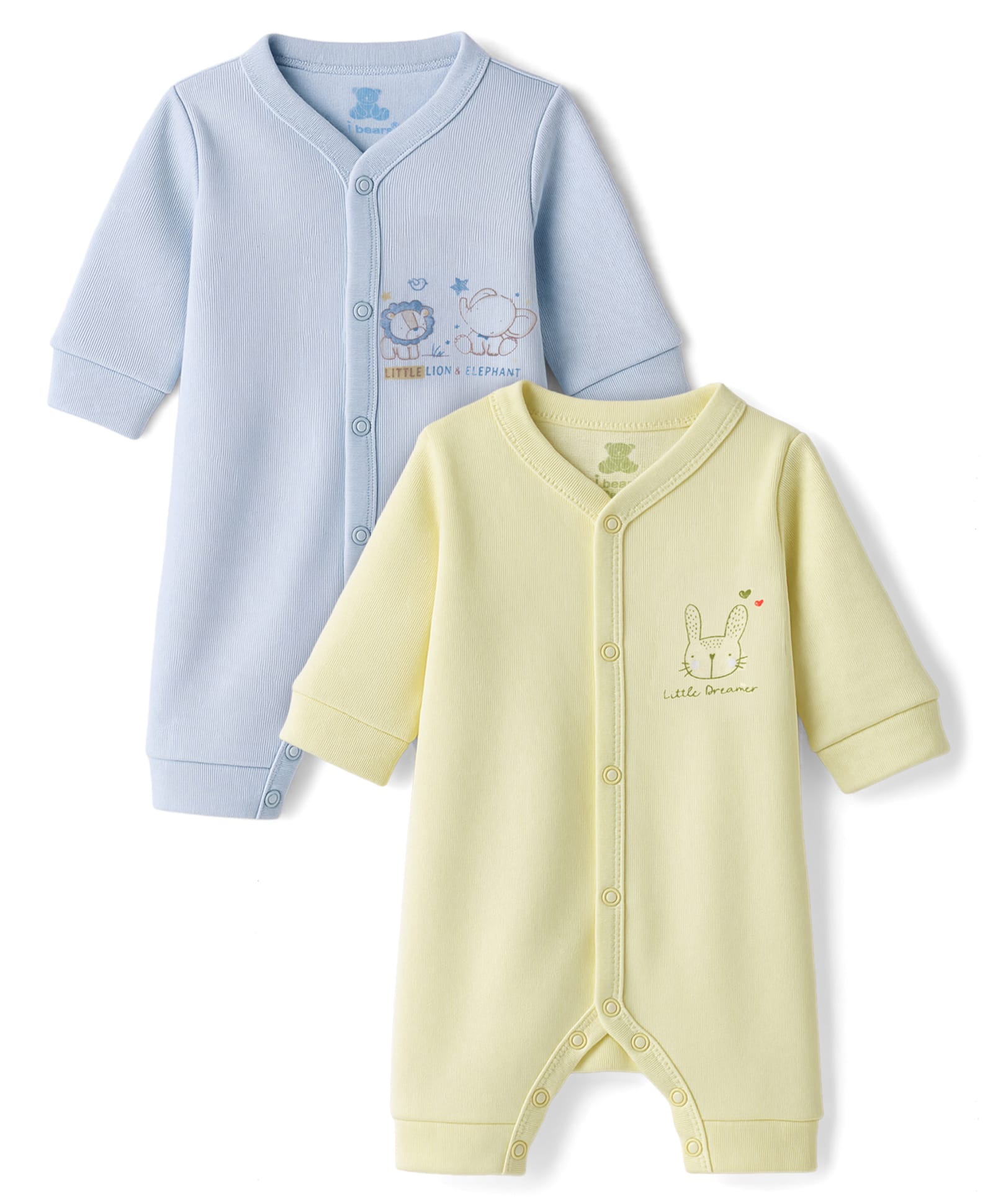 I Bears Interlock Knit Full Sleeves Animal Printed Rompers Pack of 2 - Light Yellow & Light Blue-image-29