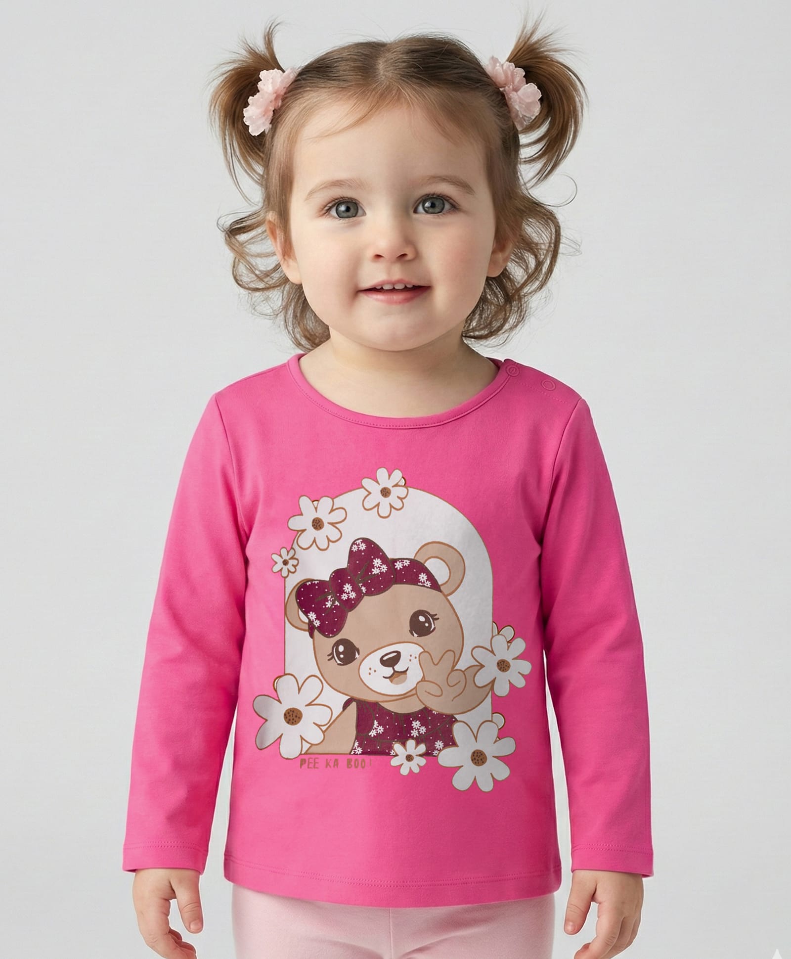 Babyoye 100% Cotton Solid Dyed Full Sleeves T-Shirt with Bear & Floral Print - Pink-picture-17