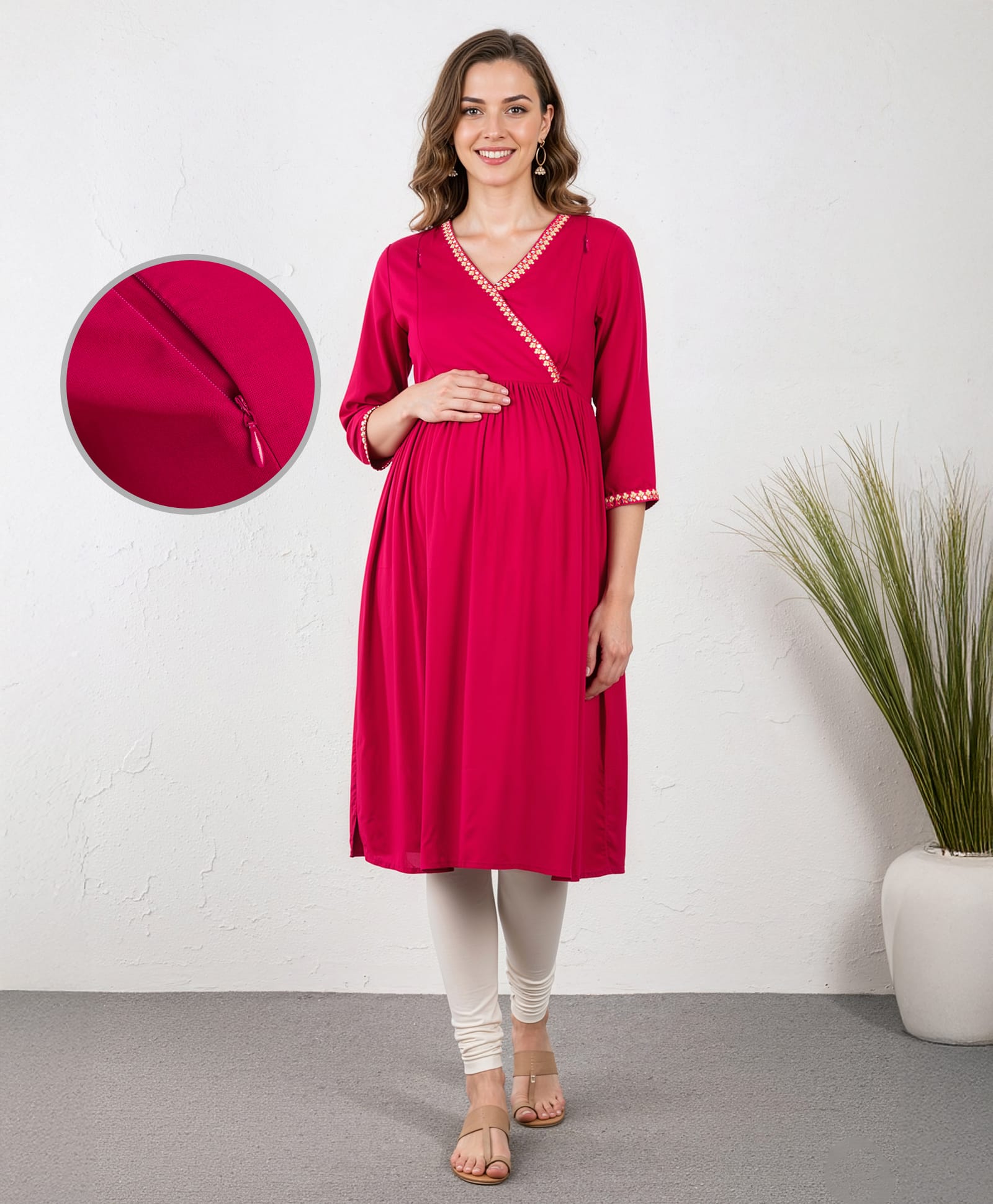 Bella Mama Woven Three Fourth Sleeves Solid Color Neck Highlighted Maternity Kurti - Fuchsia-picture-32